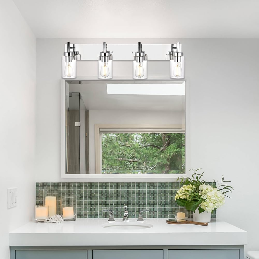 VINLUZ Iluminación de baño moderna con pantalla de vidrio transparente Lámparas de tocador de 4 luces Apliques industriales de pared con acabado