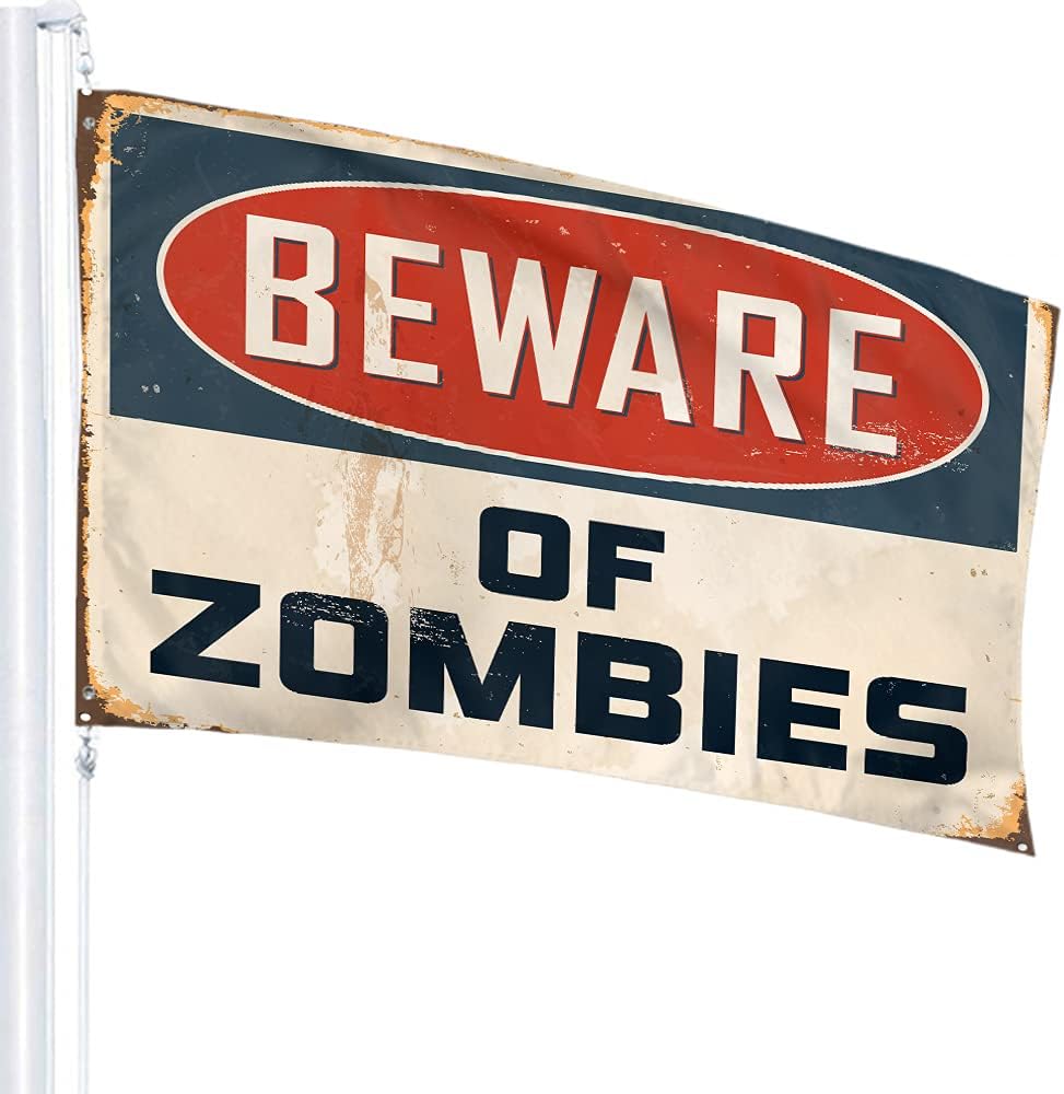 IBILIU Bandera divertida con cita de 3 x 5 pies para exteriores, diseño retro de zombies, vintage, advertencia, humor, horror, banderas de jardín,