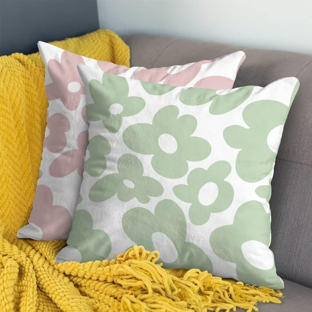 Juego de 2 fundas de almohada de 20 x 20 pulgadas, color verde salvia rosa pastel danés, fundas de almohada estéticas de flores de margaritas de