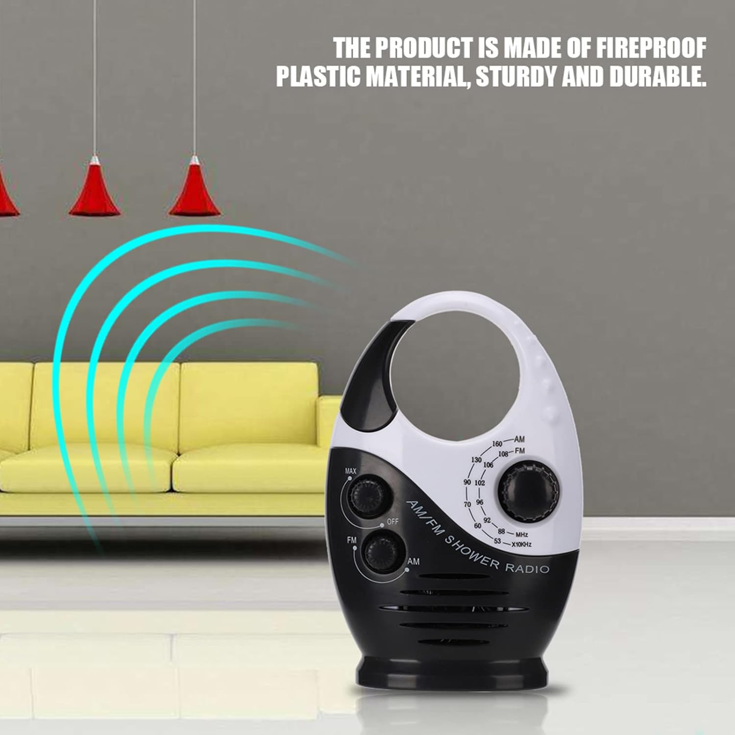Radio de ducha impermeable, radio AMFM con altavoces de volumen ajustables, altavoces portátiles alimentados por batería con mango de gancho para