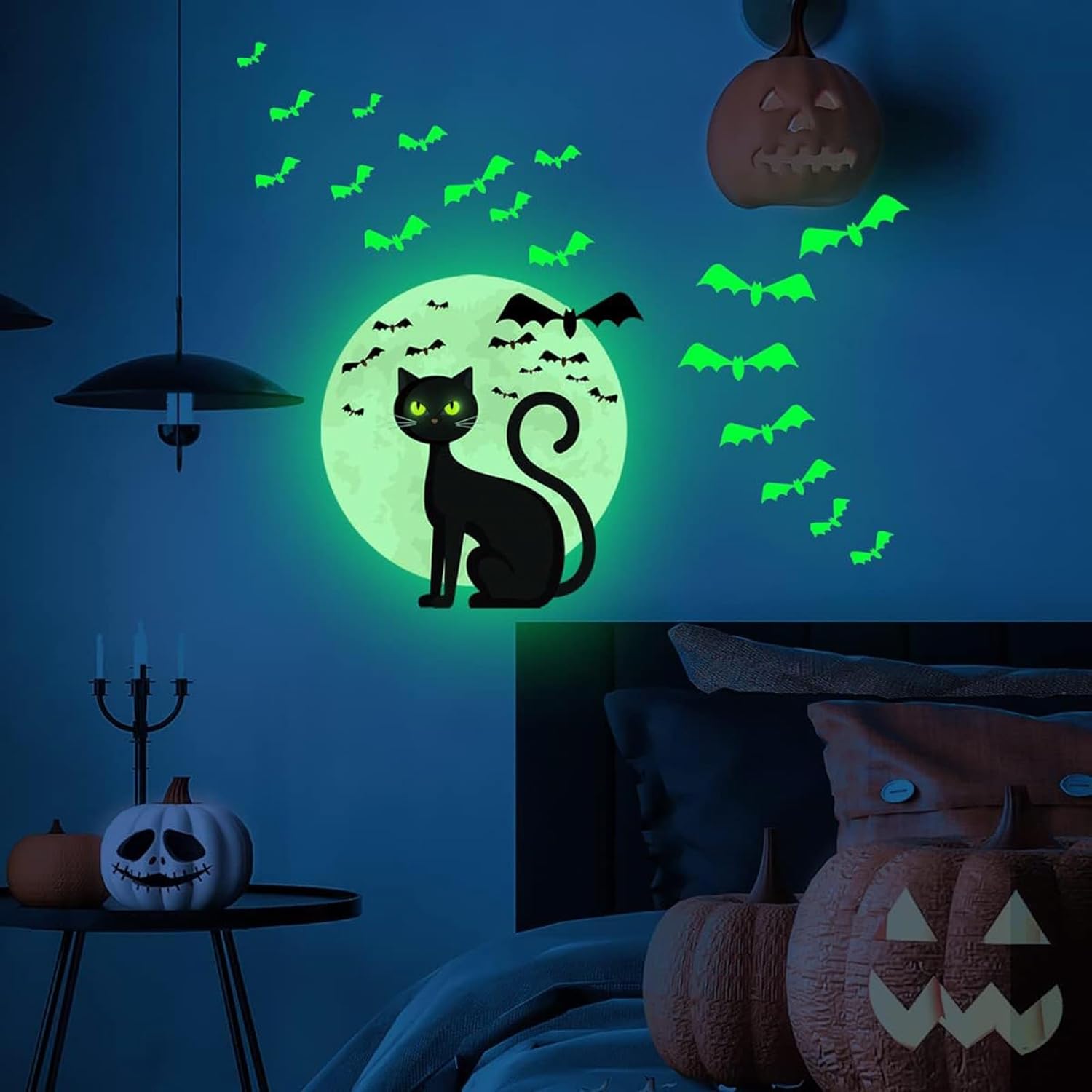 Calcomanías de pared de Halloween que brillan en la oscuridad, calcomanías luminosas para ventana de Halloween, calcomanías de ventana de gato,