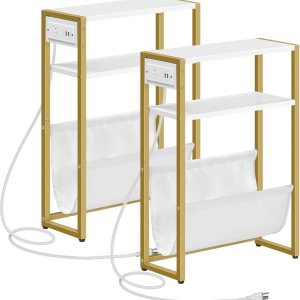 HOOBRO Mesa auxiliar con estación de carga, juego de 2 mesas auxiliares estrechas, mesa auxiliar de sofá de 3 niveles, con 2 estantes de madera y HOOBRO Mesa auxiliar con estación de carga, juego de 2 mesas auxiliares estrechas, mesa auxiliar de sofá de 3 niveles, con 2 estantes de madera y