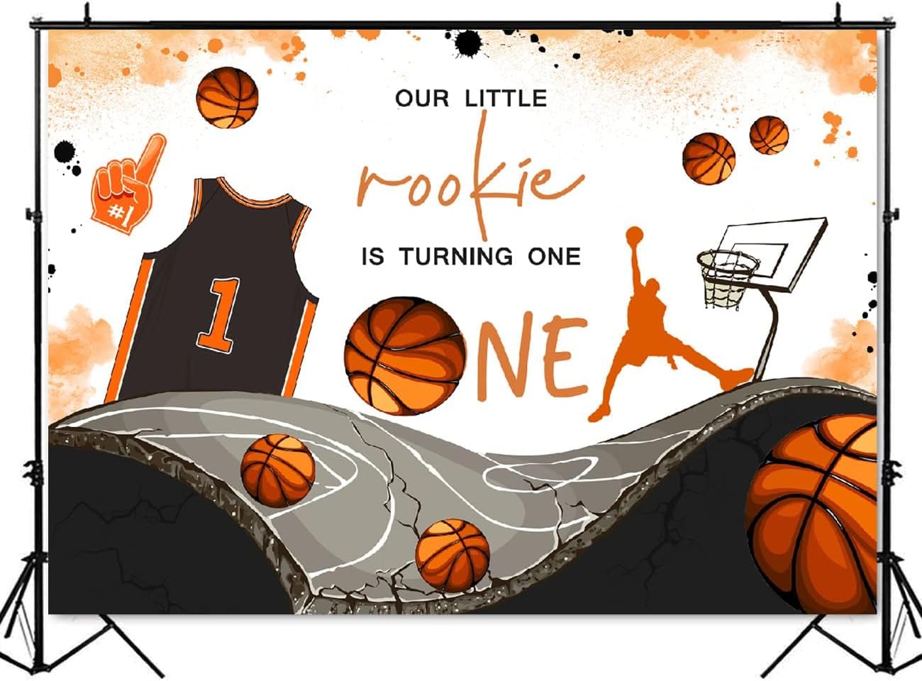Mocsicka Telón de fondo con tema de baloncesto para el primer cumpleaños para niño, Our Little Rookie is Turning One, decoraciones de fiesta,
