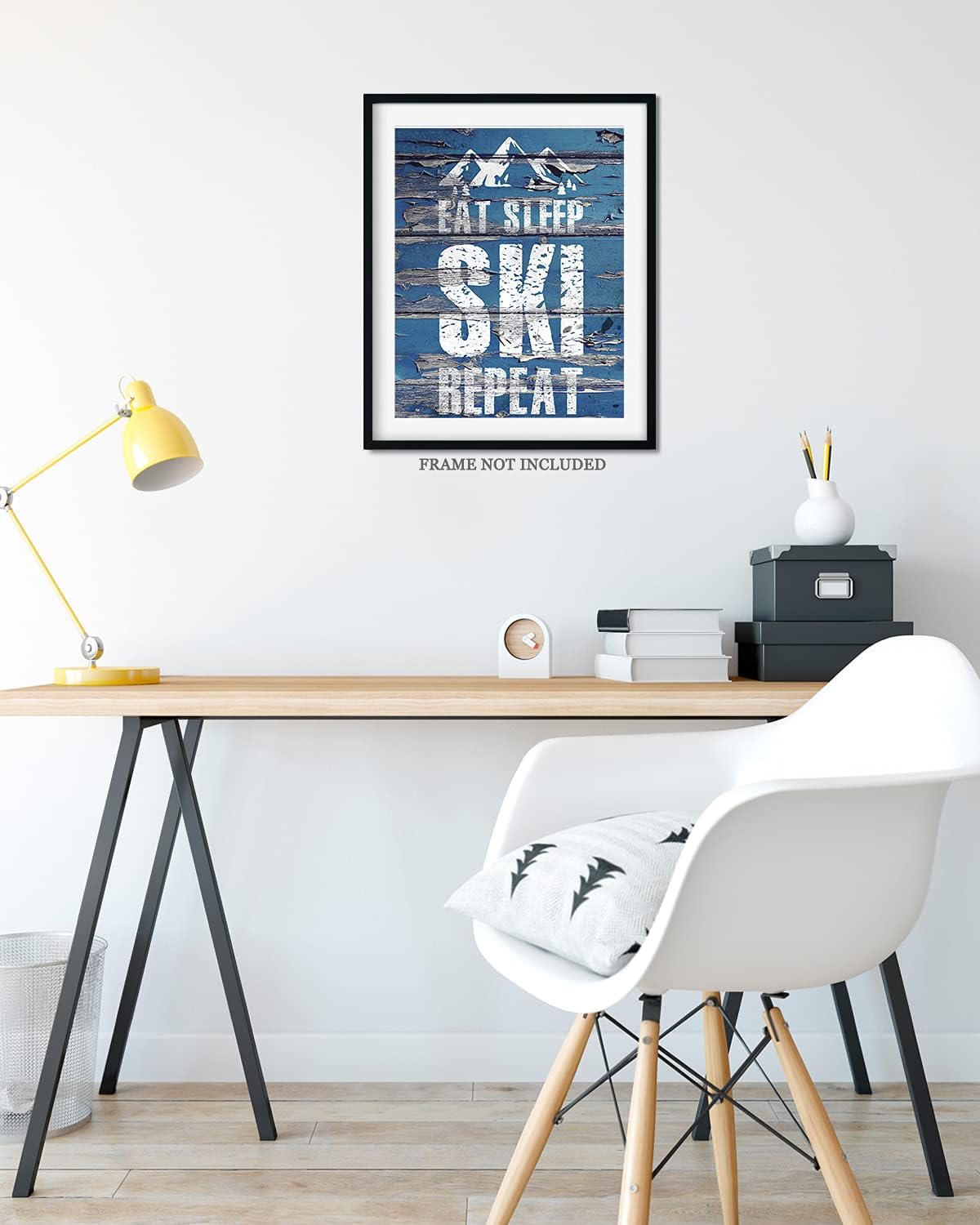 Eat Sleep Ski Repeat – Decoración de pared motivacional de esquí con un fondo azul – ilustraciones sin marco impresas en papel fotográfico