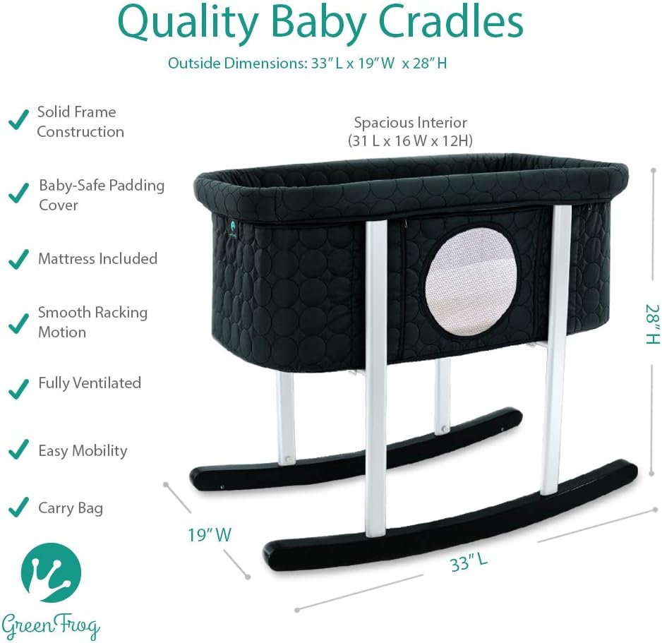 Cuna  Mecedora suave  Ventanas de malla  Colchón seguro para bebés  Ruedas ocultas para un fácil movimiento  Lavable  Ligero y portátil (negro)