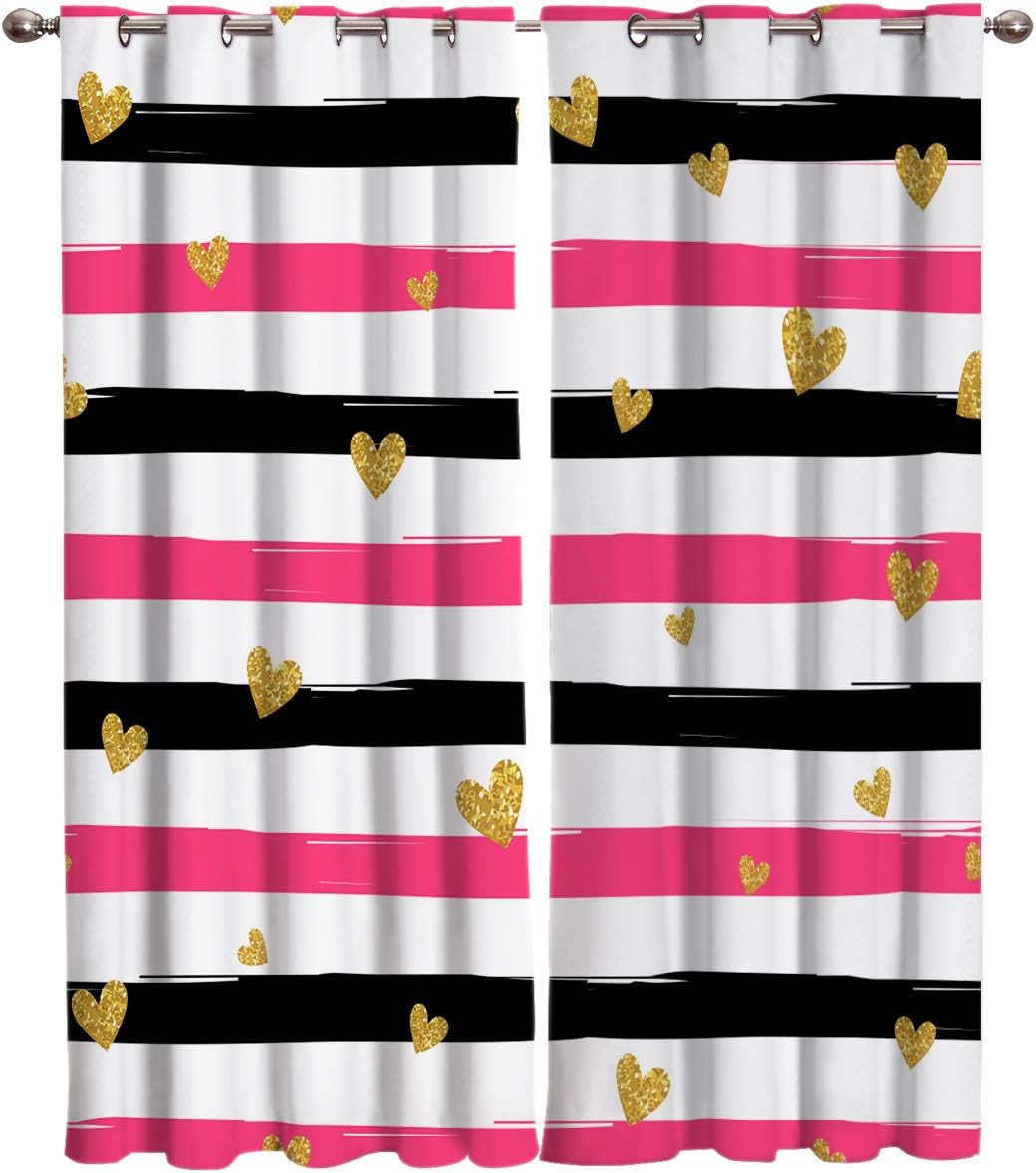 Blackout Curtains Thermal Insulated Pink Black White Stripes Gold Heart Shape Solid Pattern Metal Grommet Elegant Room Drapes Window Curtain for
