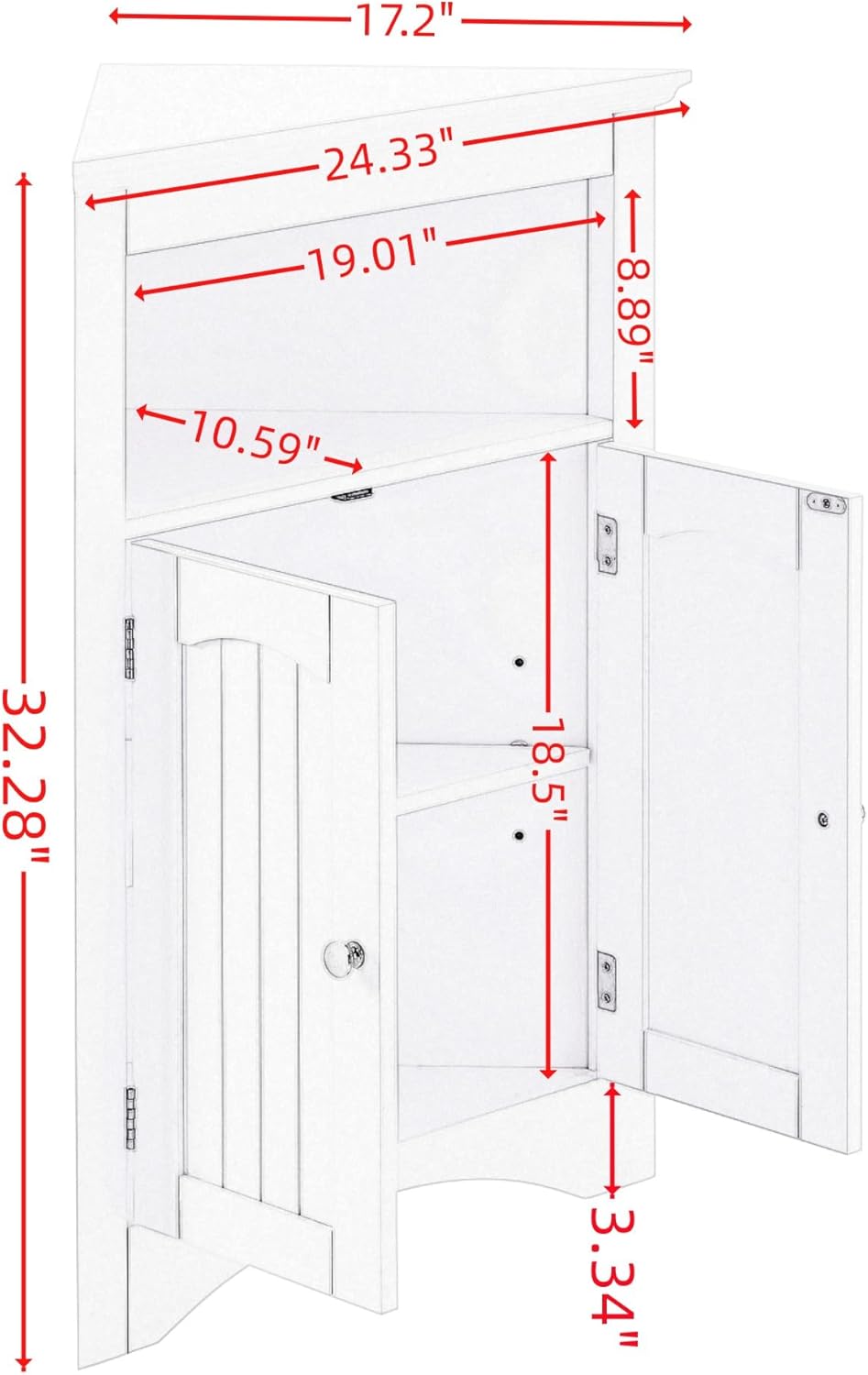 Bellemave Armario esquinero de piso de baño con puertas y estantes abiertos, gabinete de almacenamiento triangular para baño, cocina, sala de estar