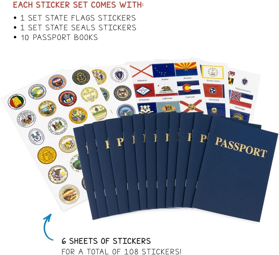 Hygloss Productos 10 libros de pasaporte en blanco con 108 banderas y sellos de Estados Unidos, para niños y profesores, incluye las 50 banderas y