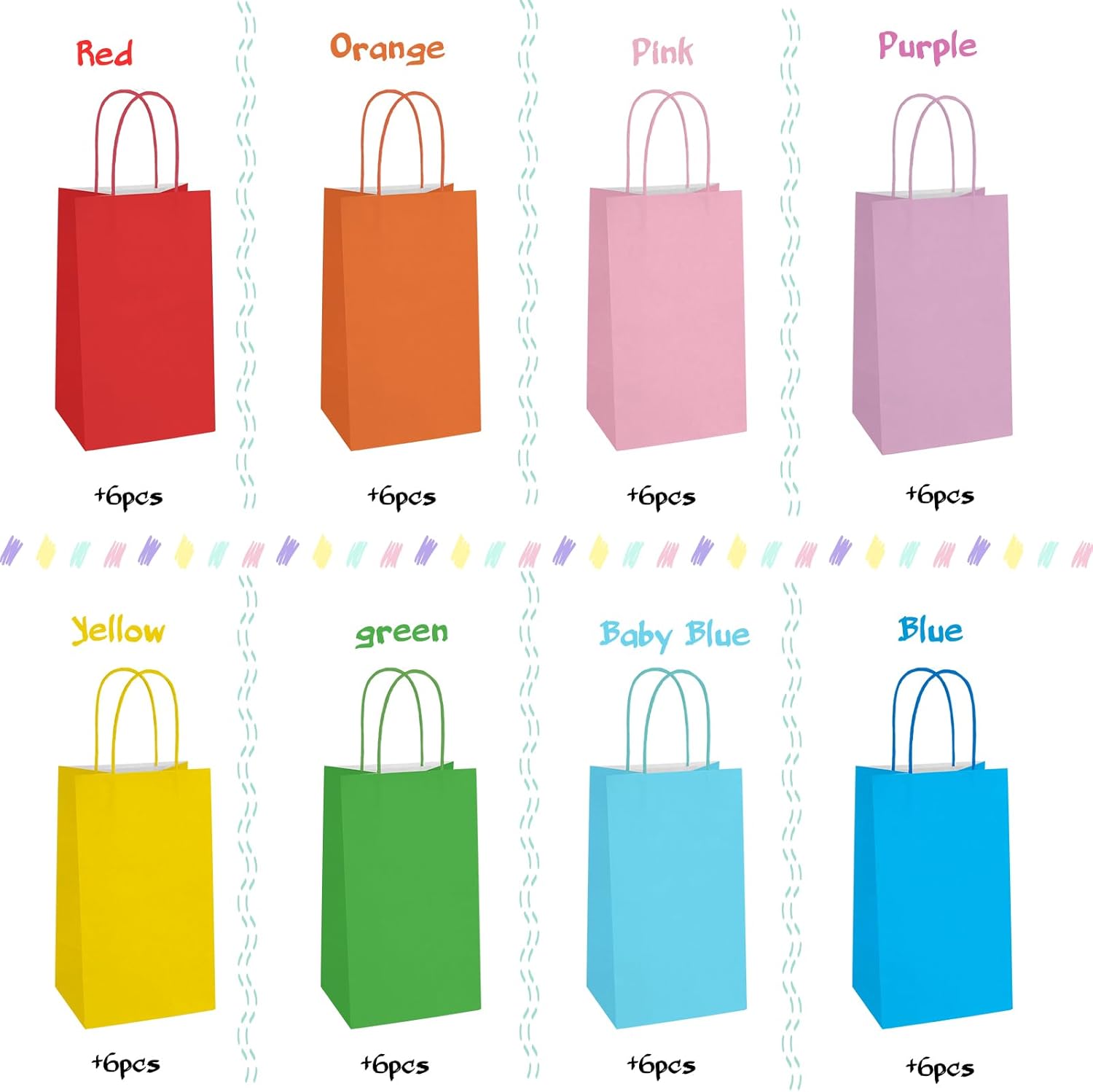 Paquete de 48 bolsas de regalo pequeñas con papel kraft de 8 colores, 5.25 x 3.25 x 8.25 pulgadas, bolsas de recuerdo de fiesta con asas para