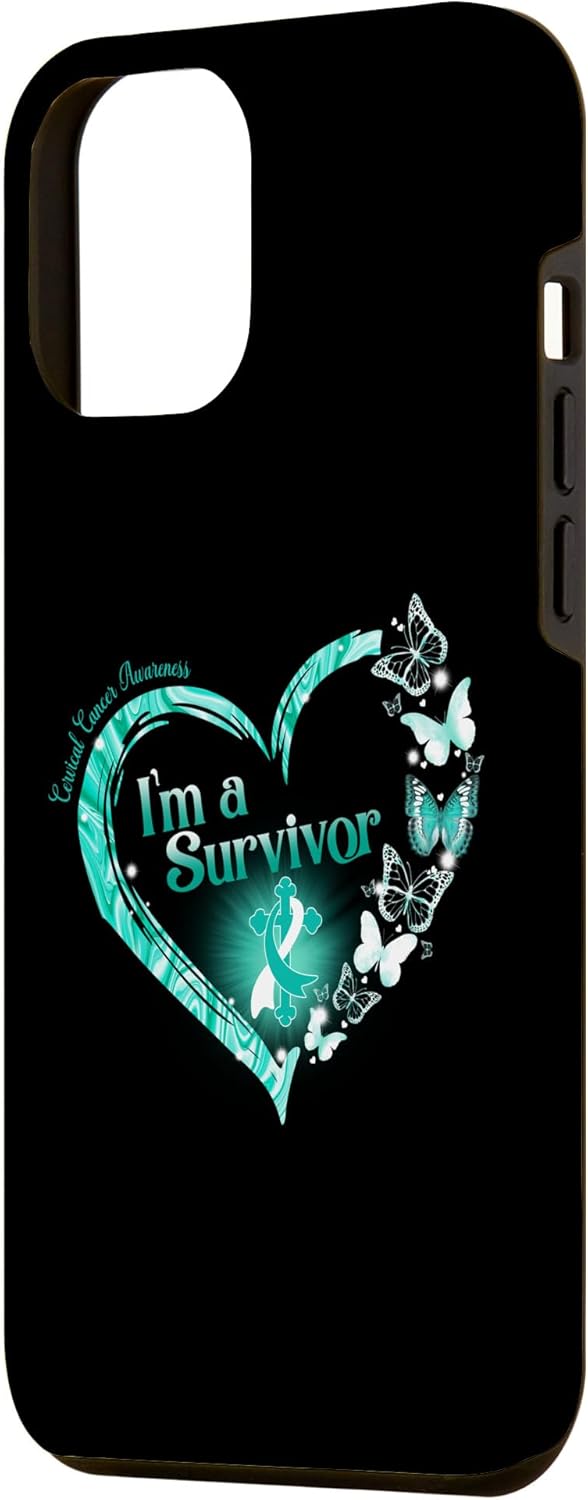 Funda para iPhone 13 Pro Max con cinta verde azulado con diseño de mariposa y cáncer cervical I’m a Survivor