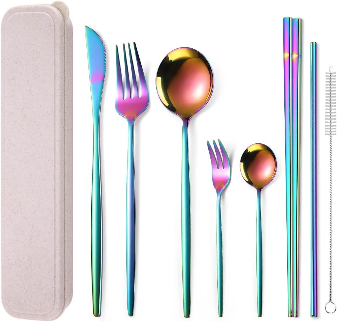 AARAINBOW Juego de cubiertos de acero inoxidable de 8 piezas, portátil, reutilizable, juego de utensilios de viaje, incluye palillos, cuchillo,