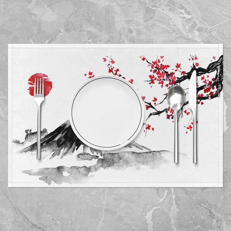 Juego de 4 manteles individuales de 12 x 18 pulgadas, diseño de flores de cerezo, estilo japonés, diseño de montaña de flores de Sakura, decoración