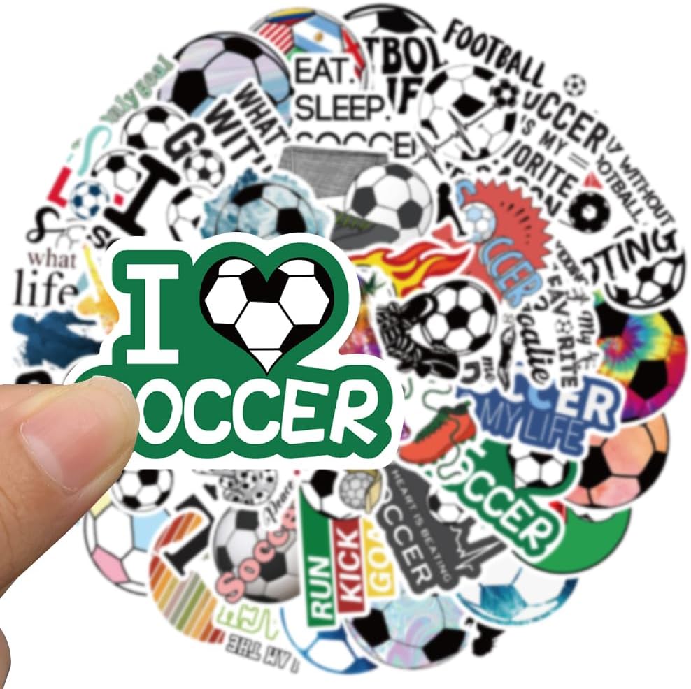 Calcomanías de fútbol para botellas de agua, calcomanías de fútbol I Love para niños, adolescentes, adultos, 50 calcomanías de vinilo impermeables