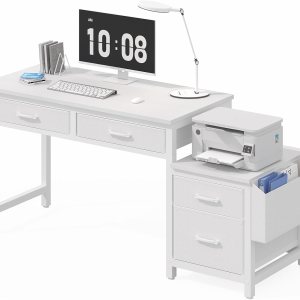 Lufeiya Escritorio blanco para computadora con cajones de archivos, escritorios de oficina en casa de 40 pulgadas con archivador de tela, soporte de Lufeiya Escritorio blanco para computadora con cajones de archivos, escritorios de oficina en casa de 40 pulgadas con archivador de tela, soporte de