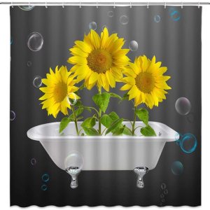 Cortina de ducha rústica de girasoles grises y amarillos en la bañera, flores de flores de colores naturales, cortina de tela para decoración de Cortina de ducha rústica de girasoles grises y amarillos en la bañera, flores de flores de colores naturales, cortina de tela para decoración de