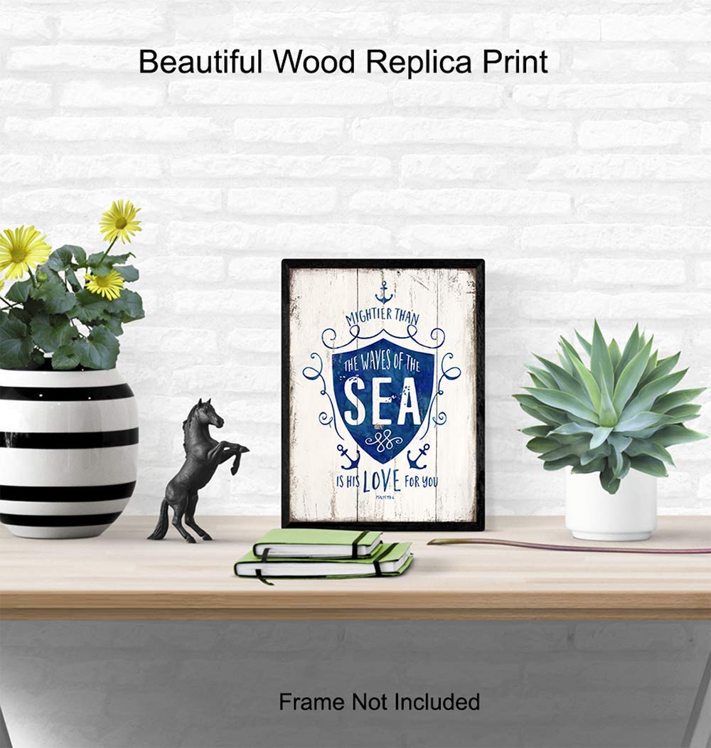 Mightier Than the Waves Religious Scripture Wall Decor – Nautical Beach House, Ocean Home Decoration – Bible Verse Wall Art – Gift for