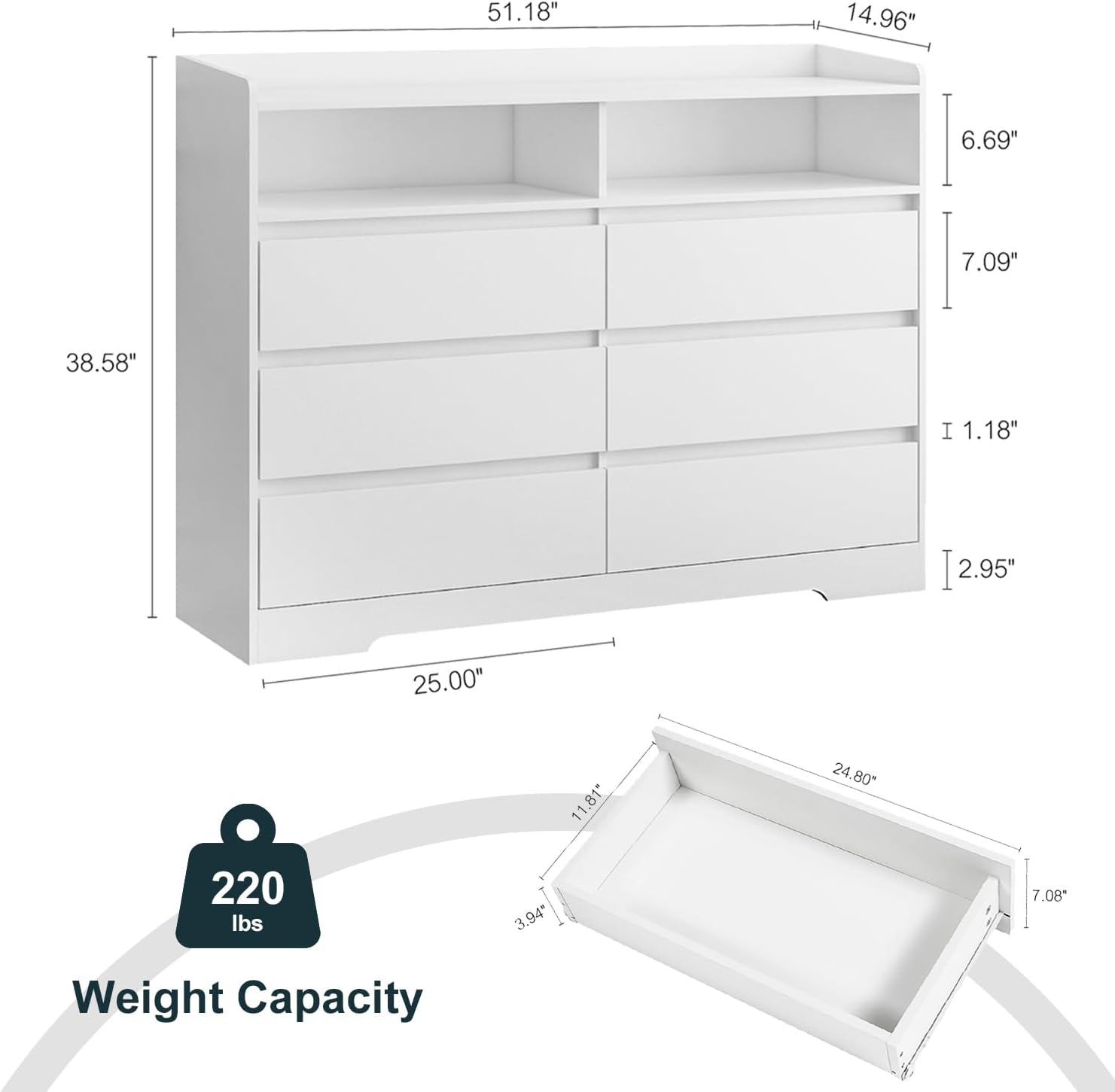 Angel Sar Cómoda blanca de 6 cajones con luces LED, cómoda LED de 51 pulgadas para dormitorio, 2 espacios abiertos, cómoda, cómoda de TV,
