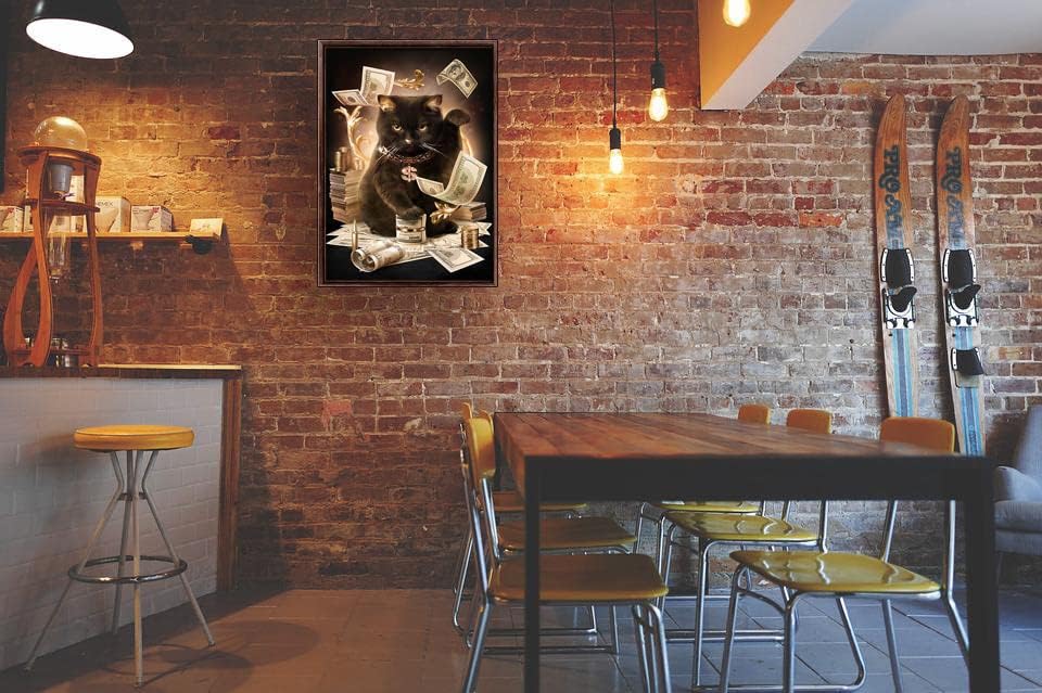 Póster divertido de dólar con diseño de gato de la suerte negro con texto en inglés, arte de pared para amantes de los gatos, arte de oro negro,