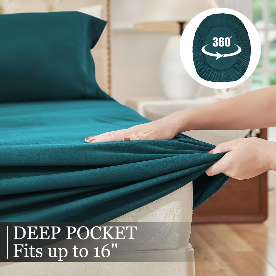 Juego de sábanas de tamaño matrimonial color verde azulado, juego de sábanas bajeras y fundas de almohada, 4 piezas de microfibra suave y