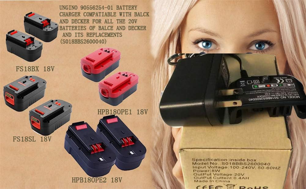 Reemplazo de Black and Decker 18V Cargador de batería 90556254-01 9.6V-18V NiCad y NiMh Batería HPB12 FS12B HPB14 FSB14 HPB18 HPB18-OPE FSB18 HPB96
