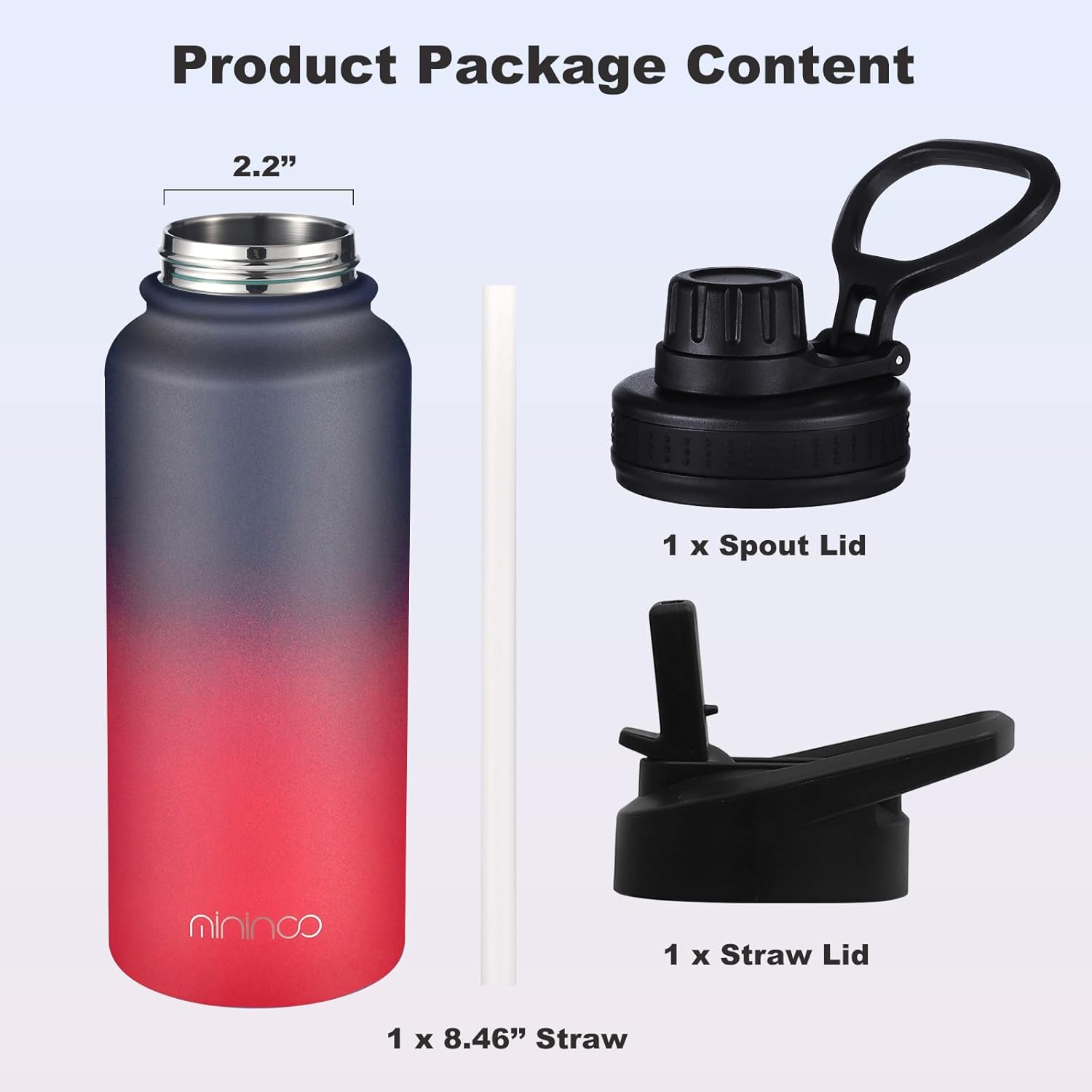 Botella de agua aislada de 32 onzas con popote, termo de acero inoxidable de doble pared al vacío con tapa para popote y tapa para beber, a prueba