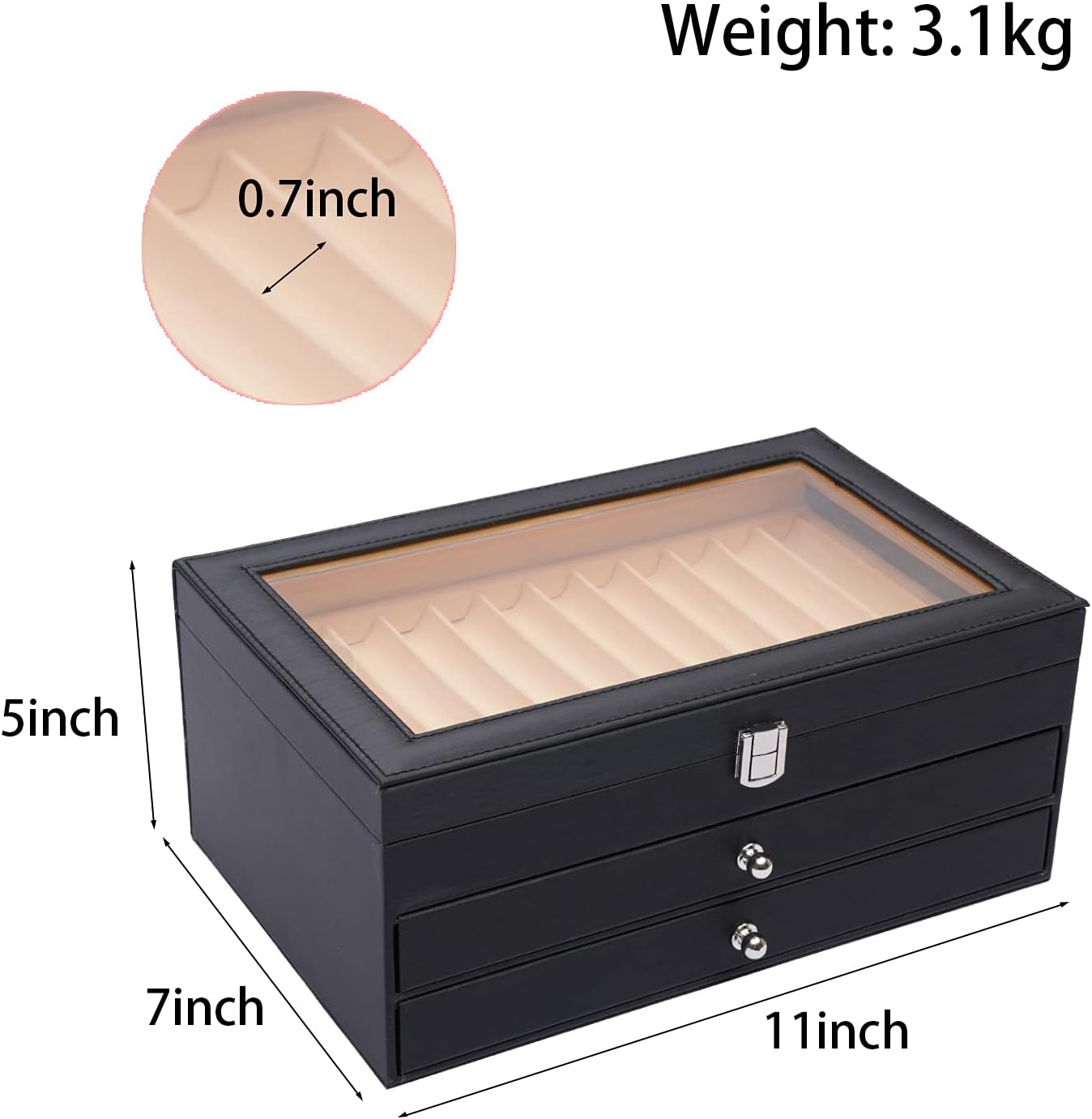 Gdrasuya10 Caja de exhibición de bolígrafos de franela de cuero, caja organizadora de bolígrafos de vidrio, caja de almacenamiento con tapa, ventana