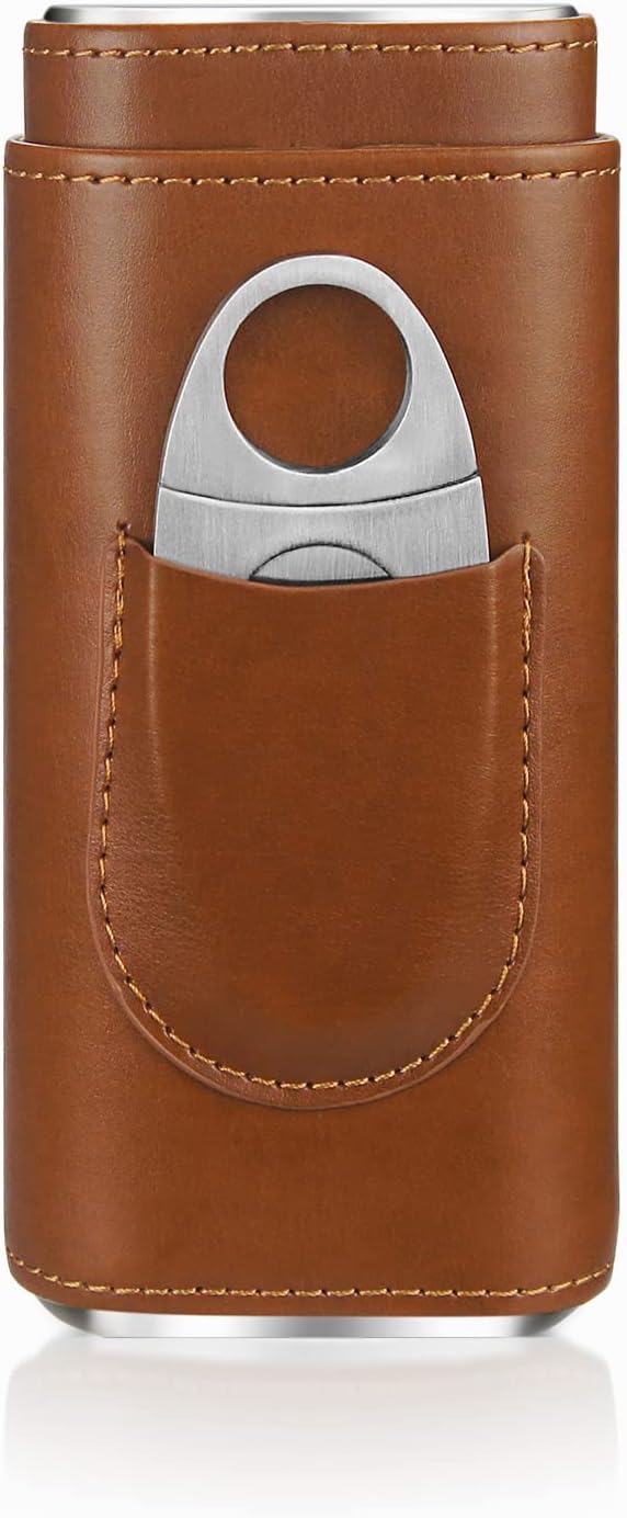 cgaplus Caso de cigarros de cuero de 3 dedos con cortador de madera de cedro forrado humidor de cigarros portátil de viaje (marrón)