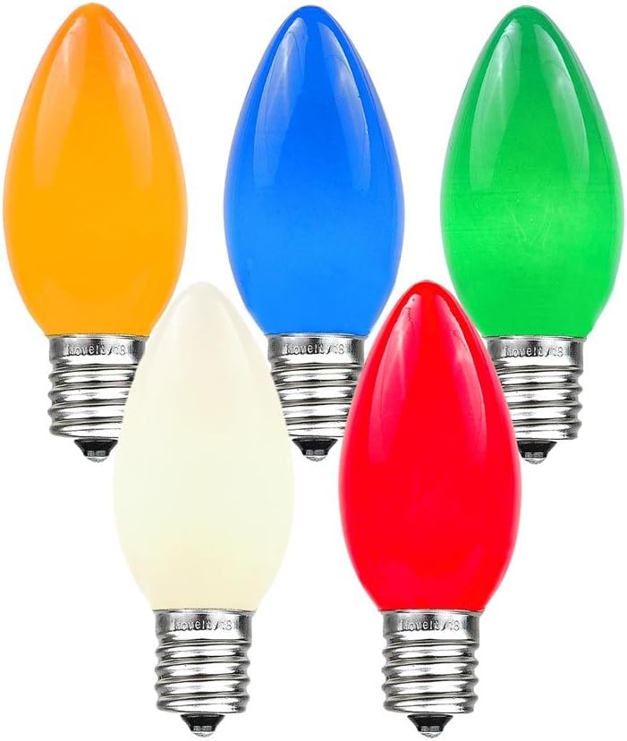 Novelty Lights Paquete de 25 bombillas de repuesto de cerámica C9 para exteriores, multicolor, base intermedia E17C9, 7 W