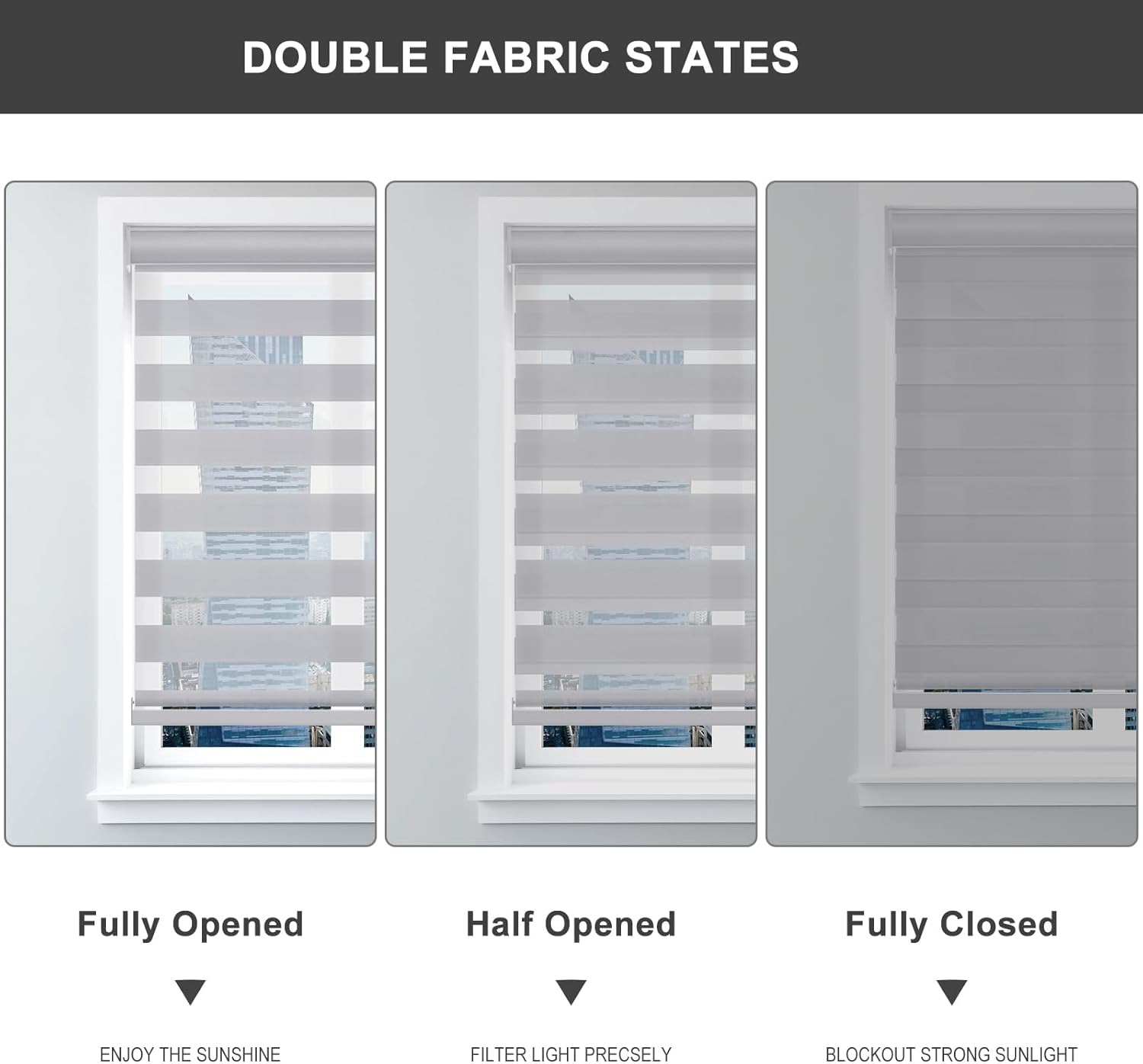 Changshade Persianas para ventanas sin cordón, con diseño de cebra, enrollables para puertas corredizas de vidrio, filtro de luz, tela de doble capa