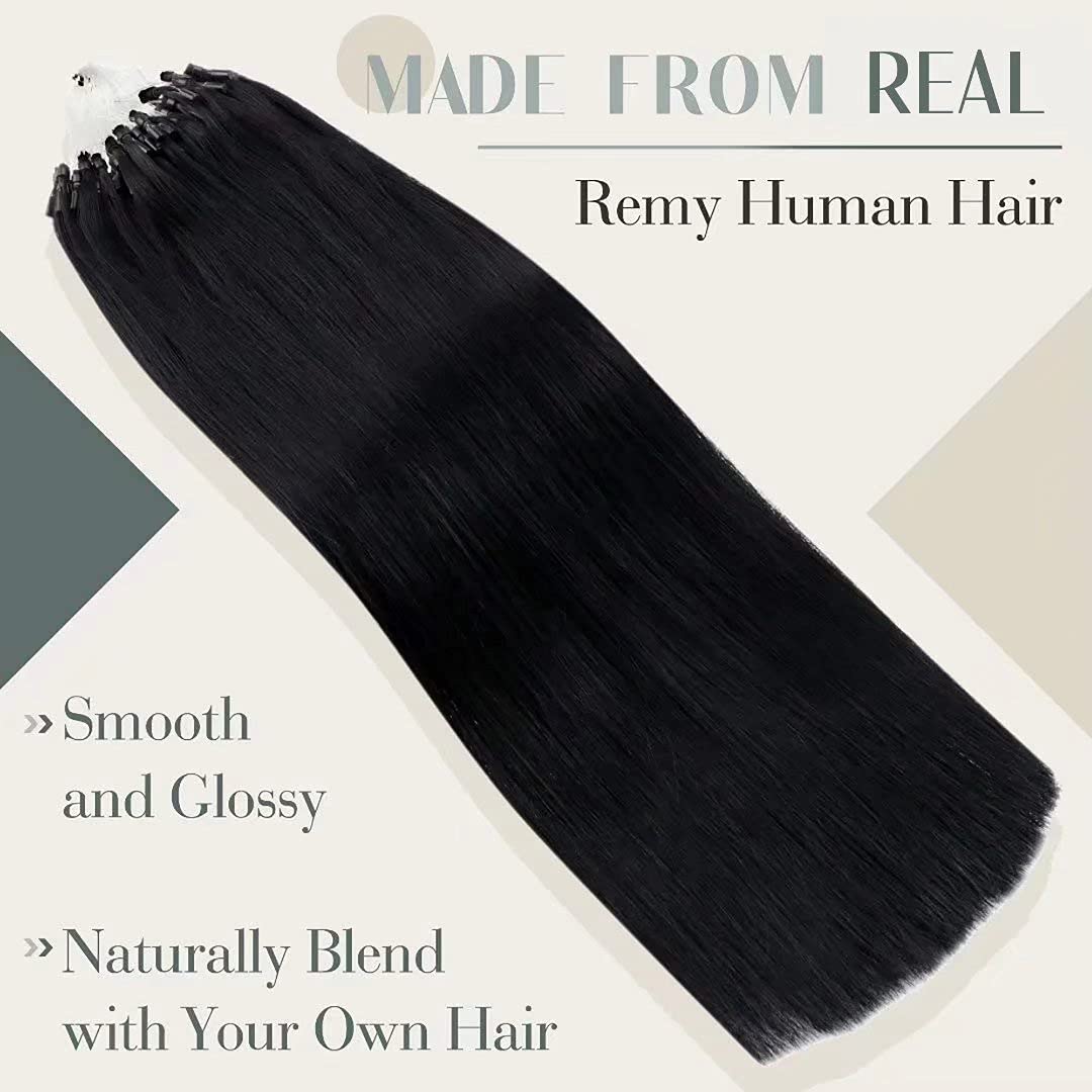 LaaVoo Micro Link Extensiones de cabello humano negro azabache, extensiones de cabello de micro cuentas de fusión fría, 24 pulgadas, extensiones de