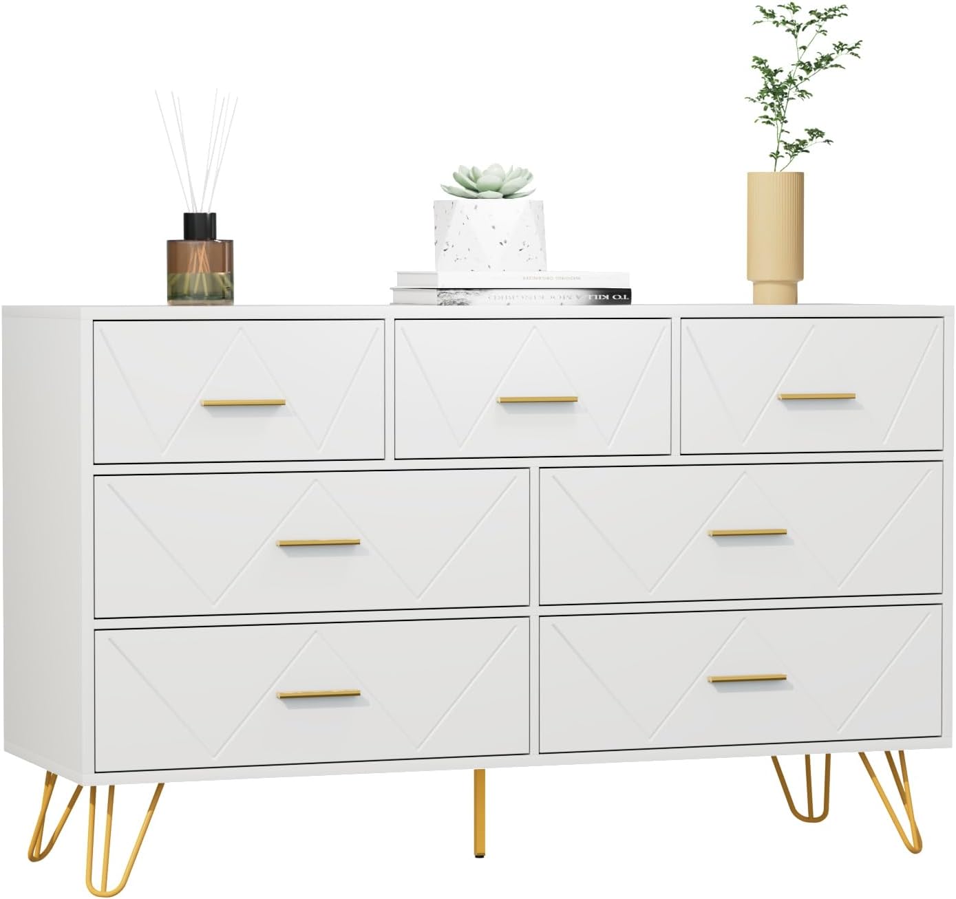 JOZZBY Cómoda para dormitorio, cómoda de 7 cajones, cómoda blanca con asas doradas, cómodas modernas y cómodas, cómoda para niños, para dormitorio,
