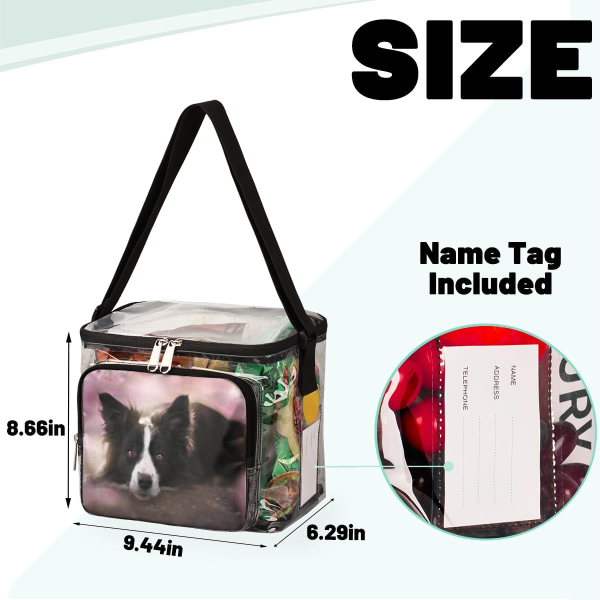 Border Collie – Bolsa transparente para perro, bolsas transparentes para mujer, mochila transparente, bolsa transparente, bolsa de almuerzo