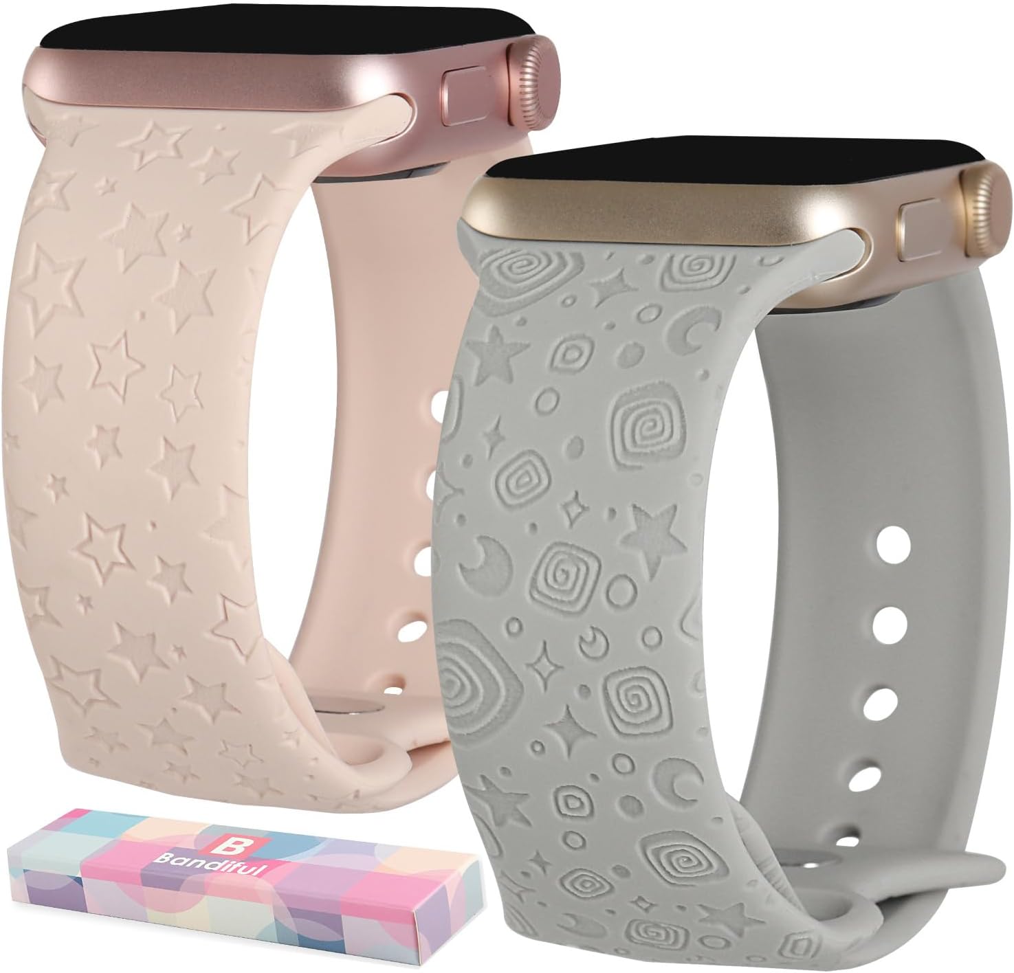 Paquete de 2 correas de repuesto con patrón de estrella espacial grabadas Kawaii compatibles con Apple Watch Band de 1.496 pulgadas, 1.575 pulgadas,