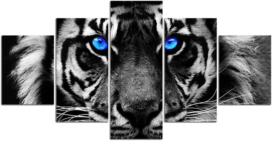 Lienzo decorativo para pared, diseño de tigre de ojos azules, decoración de pared de tigre de ojos azules, imagen de tigre azul, blanco y negro,