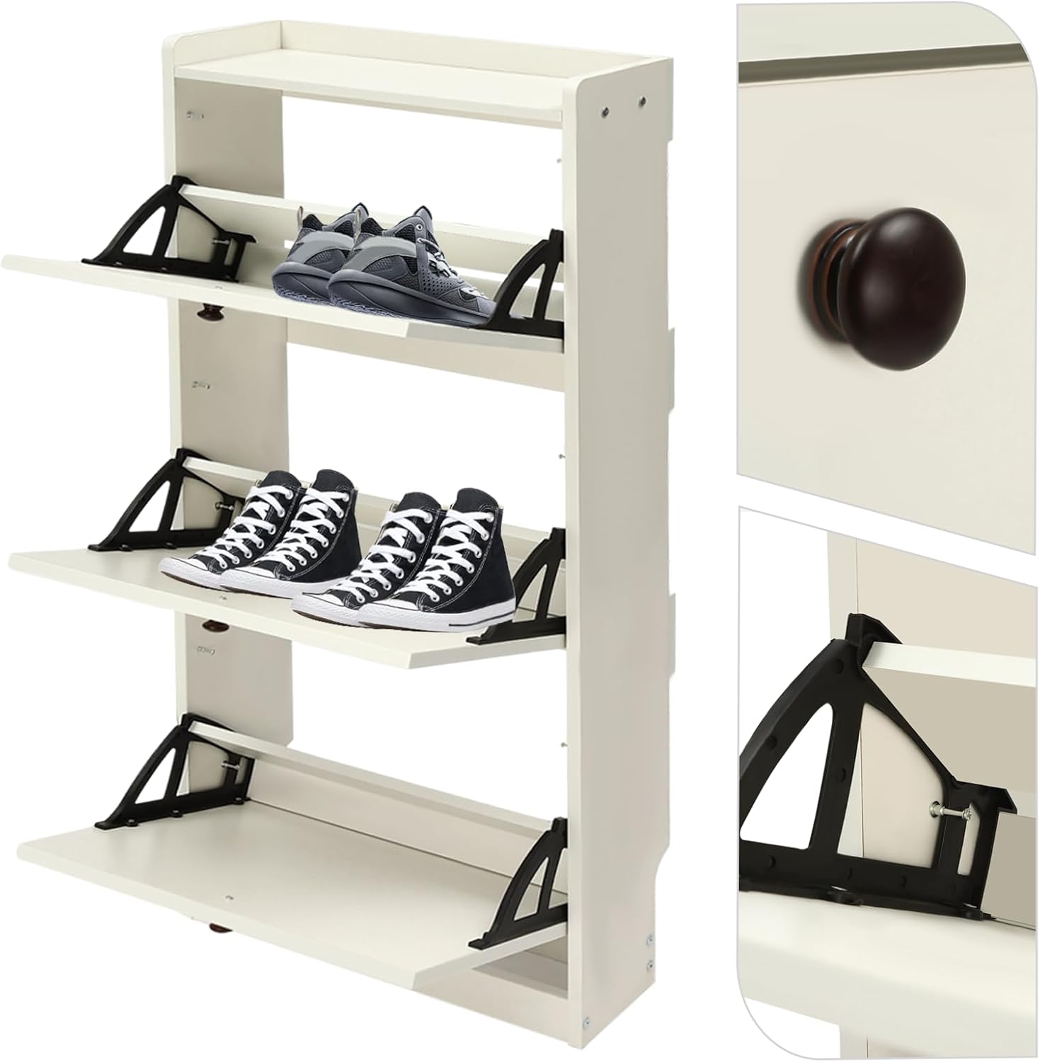 Zapatero moderno de 3 niveles blanco organizador de almacenamiento de pie, organizador de zapatos ajustable estante independiente con 3 puertas