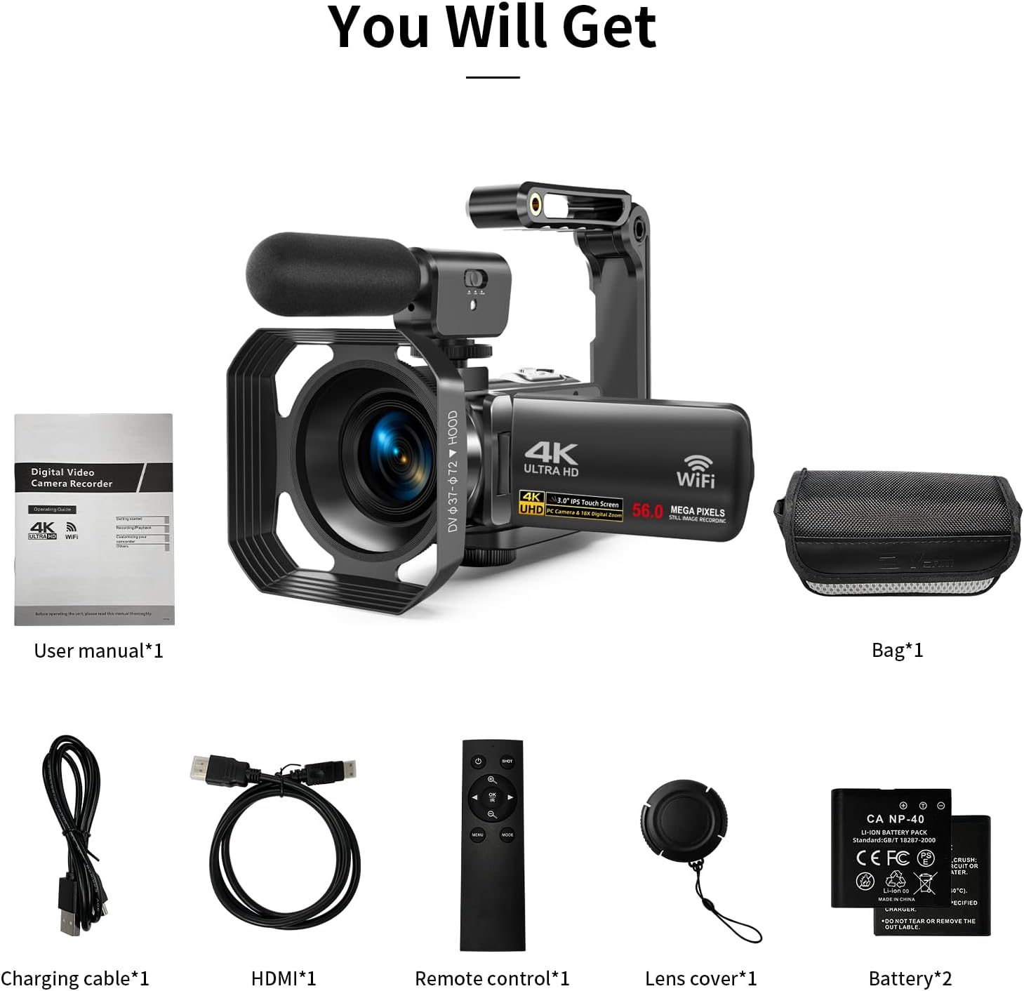 Kit de videocámara de cámara de video 4K, zoom digital de 56 MP 18X de 3.0 pulgadas, pantalla táctil IPS de 3.0 pulgadas, videocámara digital de