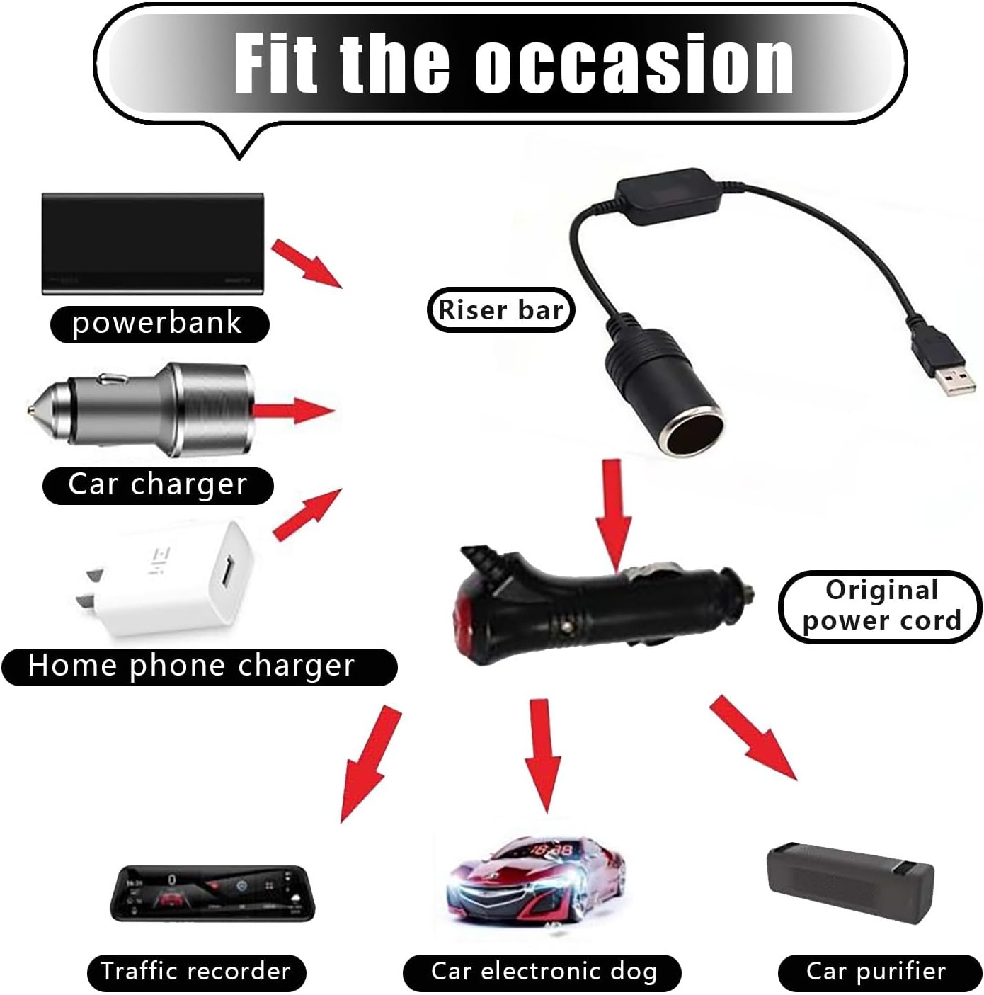 1 cable USB para automóvil, adaptador convertidor hembra de encendedor de cigarrillos de 5 V a 12 V, fuente de alimentación móvil conectada a la