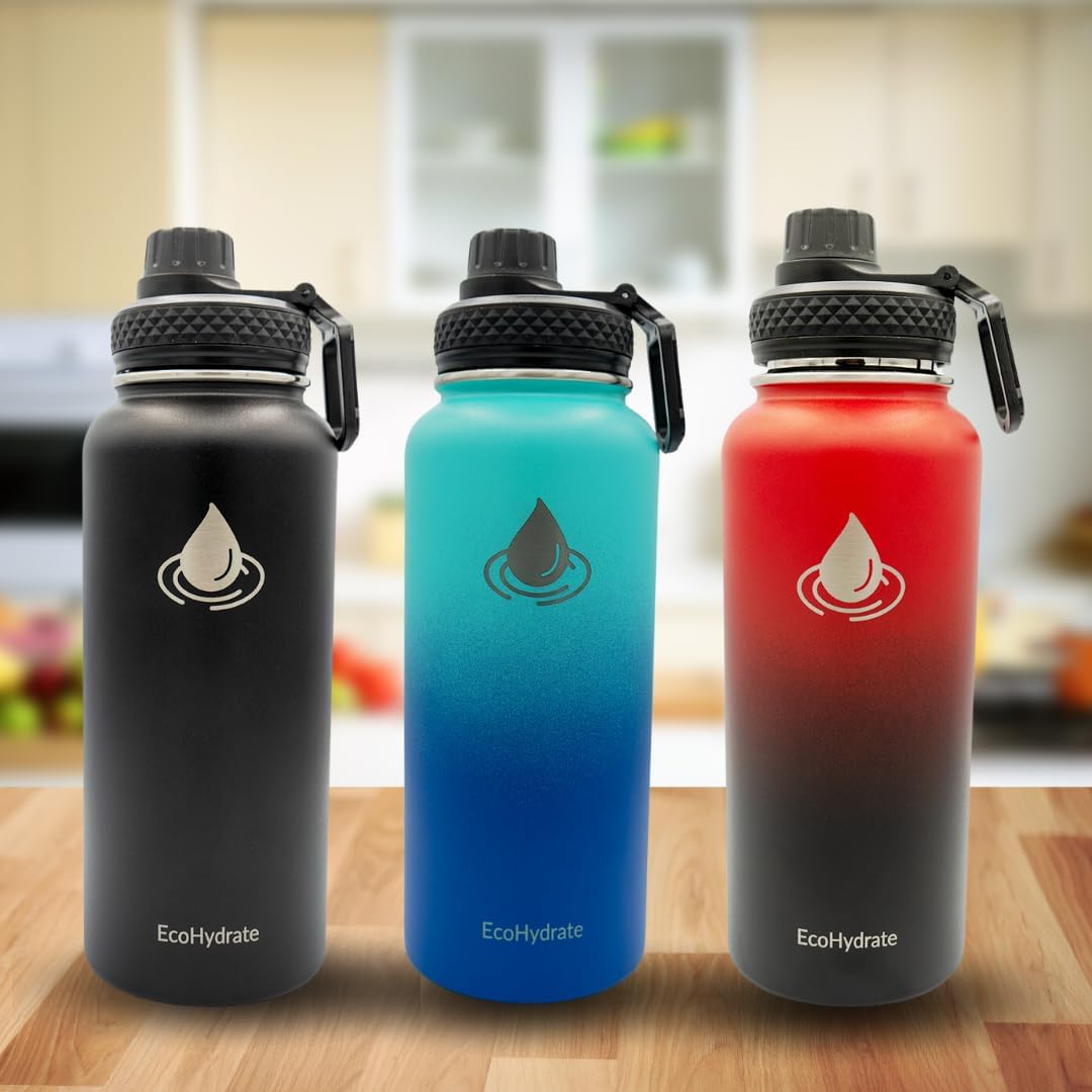 EcoHydrate – Botella de agua deportiva de 32 onzas, acero inoxidable, térmica aislada, botellas de gimnasio y deportes, azul y azul claro