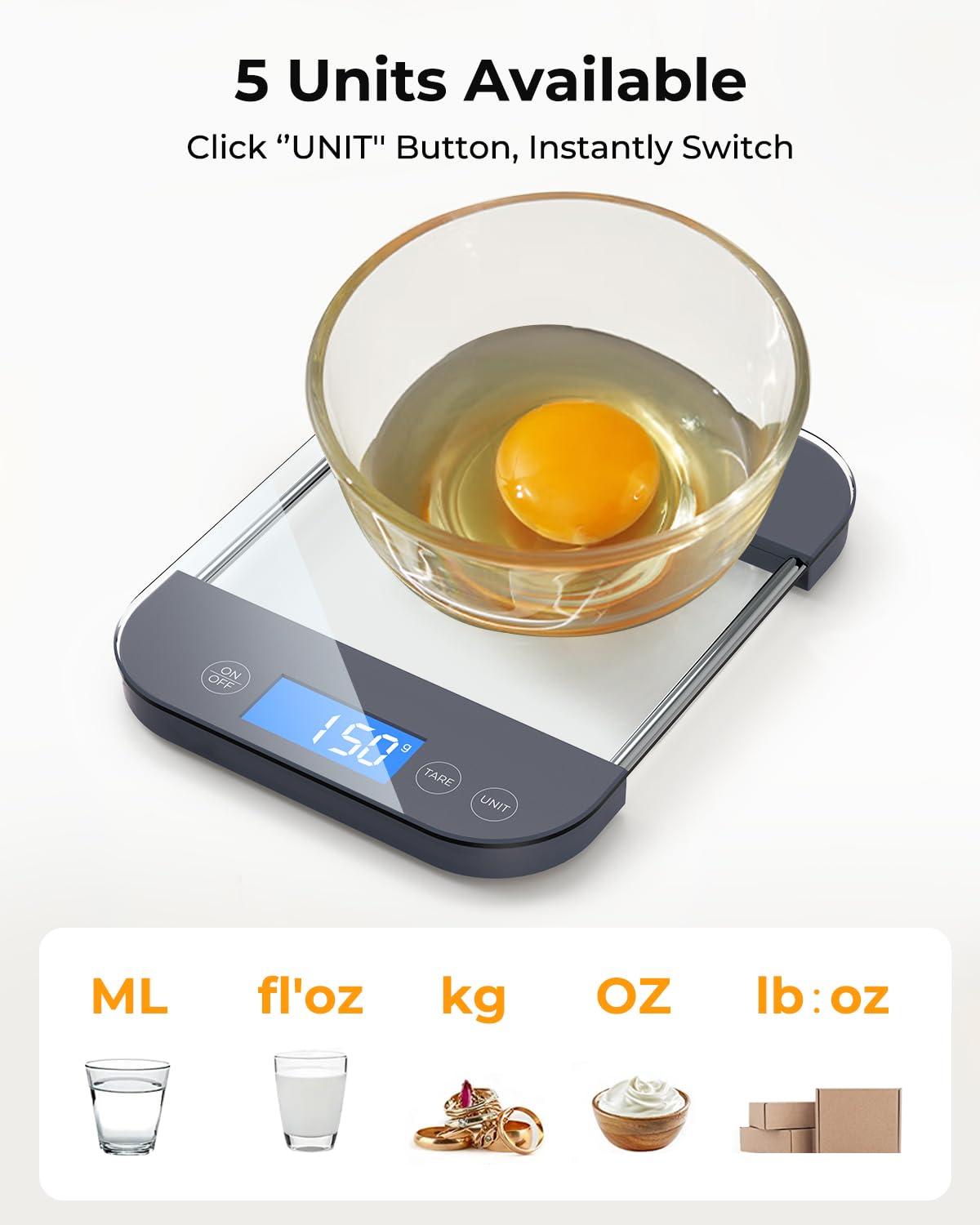 AZC Báscula digital recargable de alimentos gramos y onzas, máximo 33 libras mínima 0.04 oz, panel de vidrio templado anticaída de grado militar,