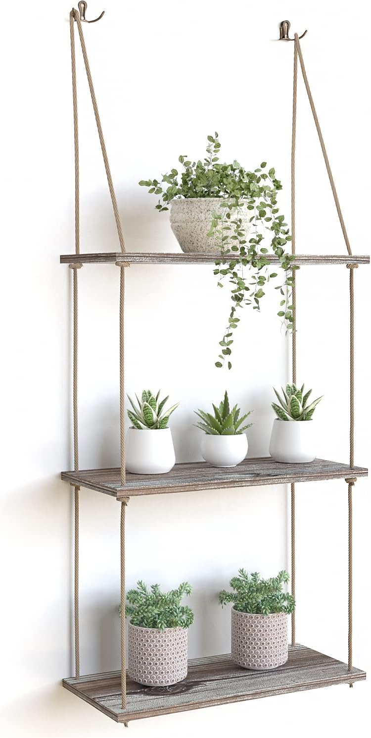 J JACKCUBE DESIGN MK555AAA – Juego de 3 estantes colgantes de madera rústica, decoración bohemia de habitación, estante de exhibición de cuerda