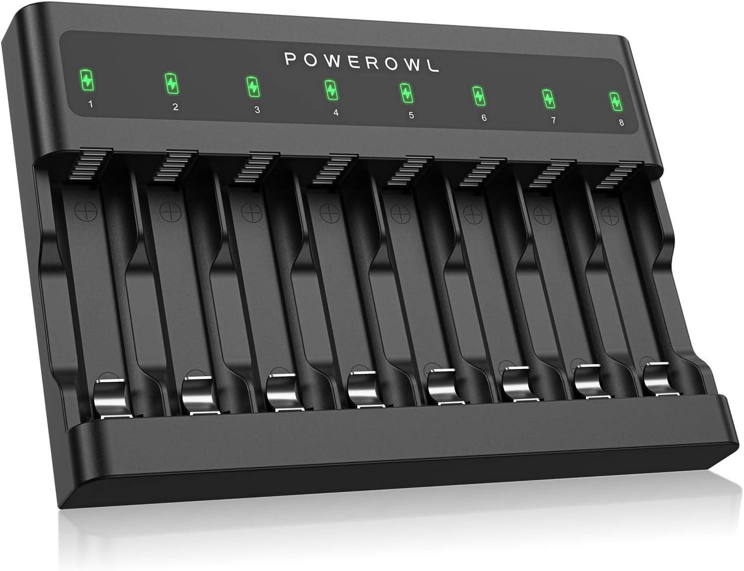 POWEROWL Cargador de batería AA AAA 8 bahías, ranura independiente, carga rápida USB para baterías recargables Ni-MH Ni-CD