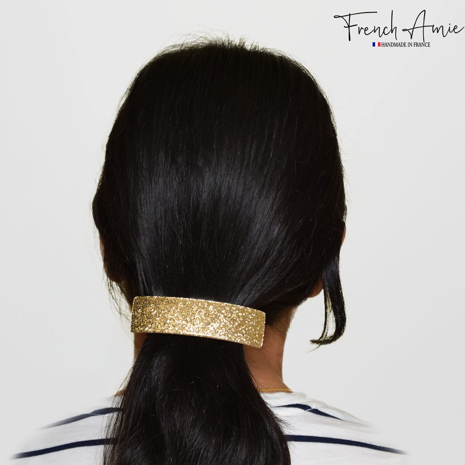 French Amie Pasador automático rectangular con purpurina dorada de 3 14 pulgadas, acetato de celuloide fuerte, hecho a mano, con cierre dorado para
