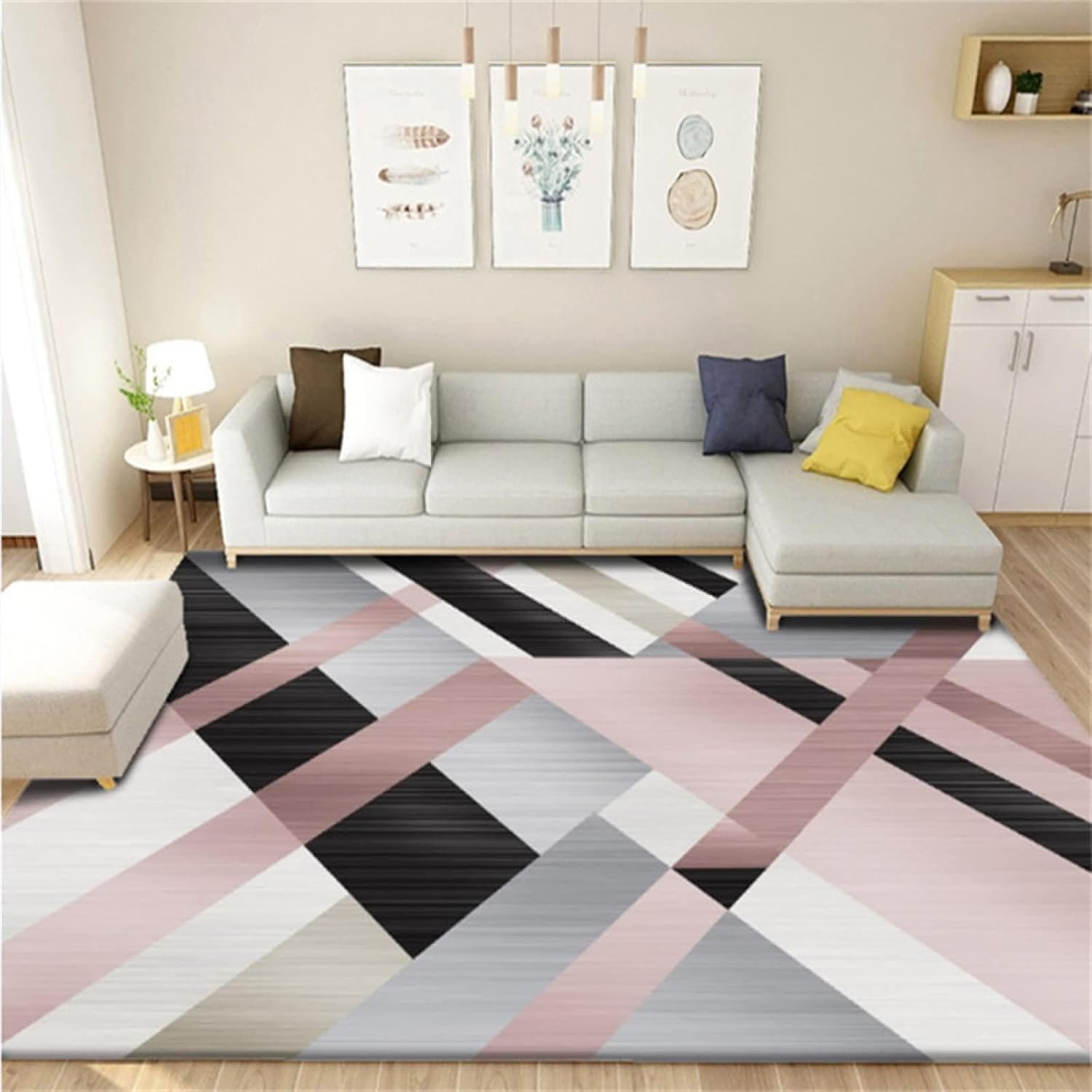AONIGE Alfombra de área con patrón de retazos rosa, negro y gris, alfombra decorativa geométrica de lujo, con respaldo de goma antideslizante,