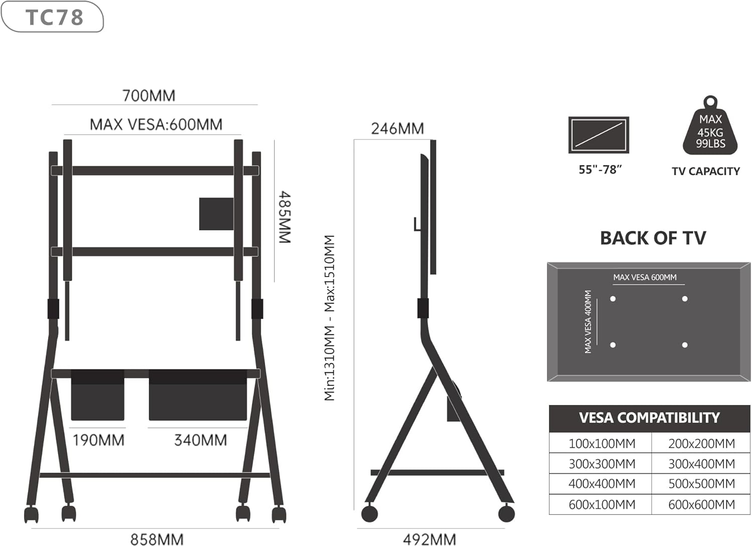 FITUEYES Soporte de TV móvil de diseño para TV de 55, 60, 65, 75, 78 pulgadas, soporte de suelo con soporte para oficina, sala de estar, hotel,