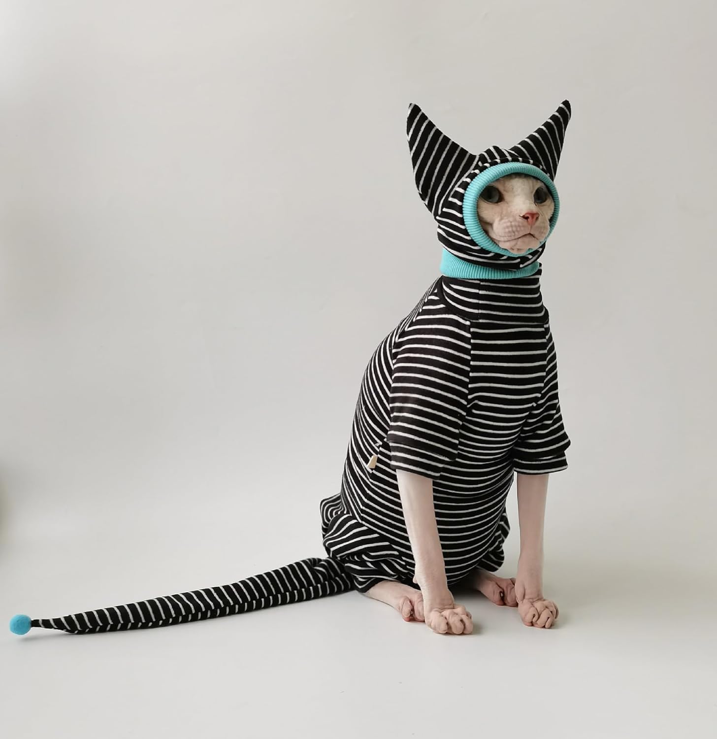 Ropa de gato sin pelo, overol de gato con pijama a rayas de 4 patas, ropa de esfinge, ropa de gato para gatos, mamelucos para mascotas, ropa de gato