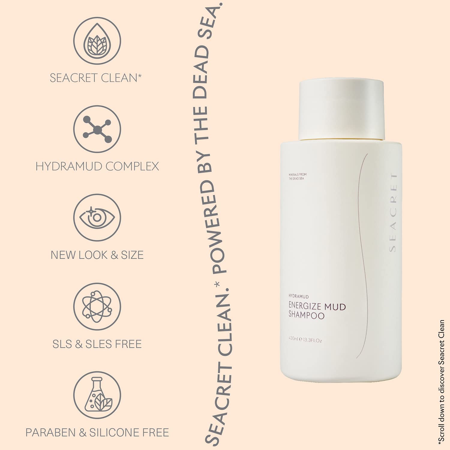 SEACRET Champú para el cabello HydraMud Energize Mud Shampoo con minerales del mar muerto y aceite de argán, 13.3 onzas líquidas