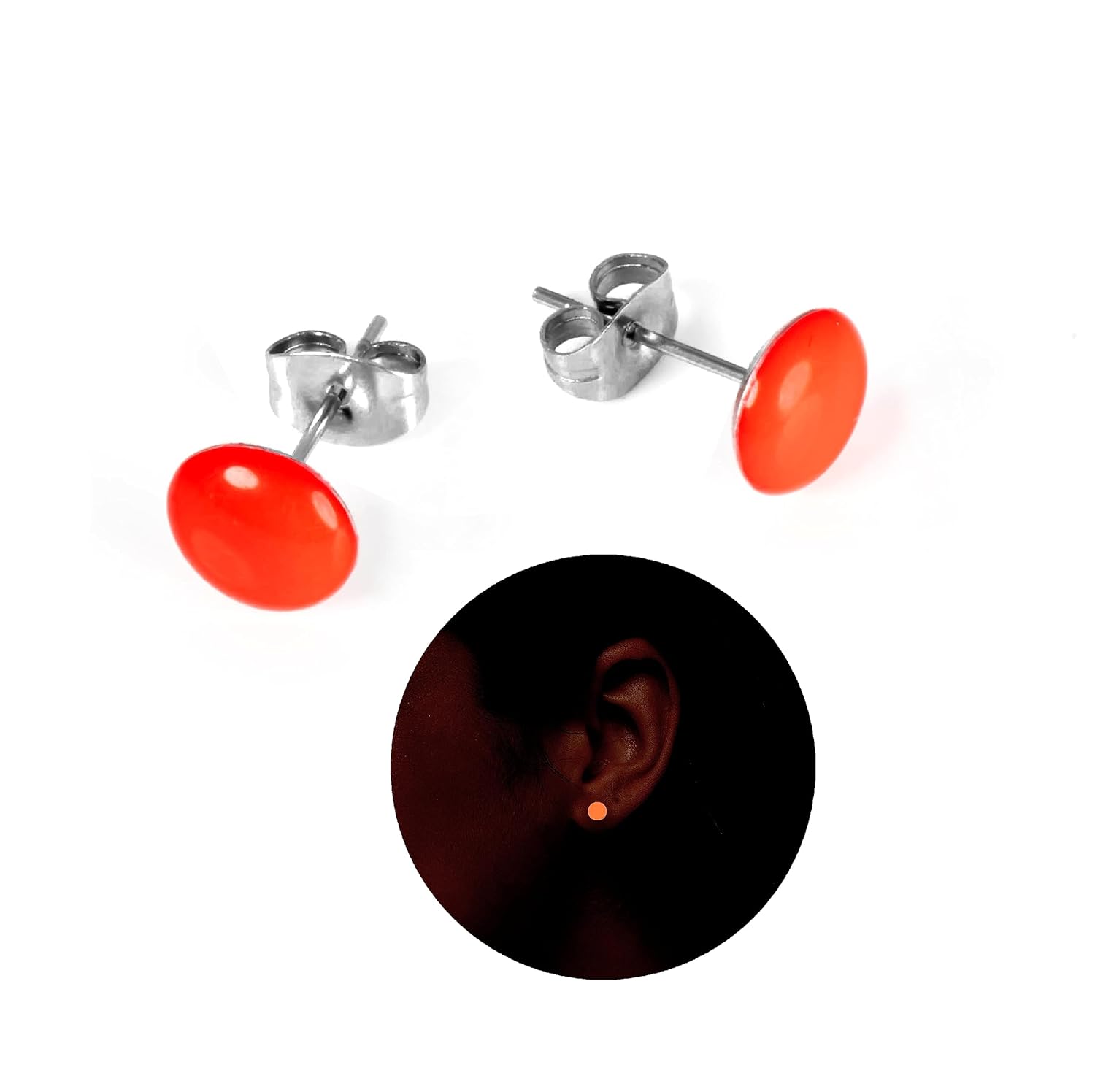Glow in the Dark 8 mm Stainless Steel Stud Earrings for Women Teen and Girls, Elesea Jewelry – Handmade in Italy (Neon Orange, 8 mm.)