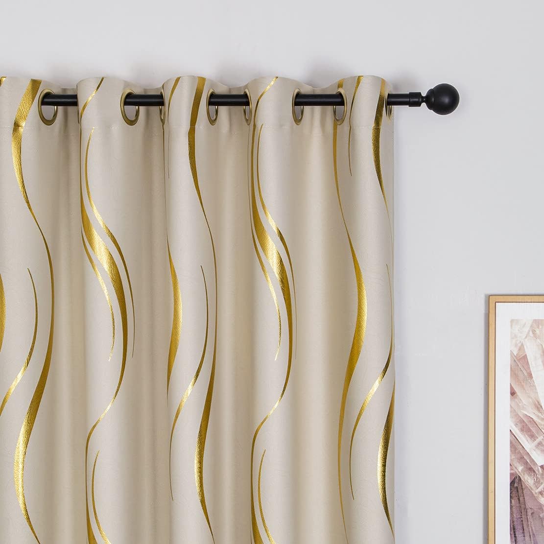 MYRU Juego de 2 paneles de cortinas de rayas con estampado de aluminio para sala de estar y dormitorio (beige y dorado, 2 x 54 pulgadas de ancho x