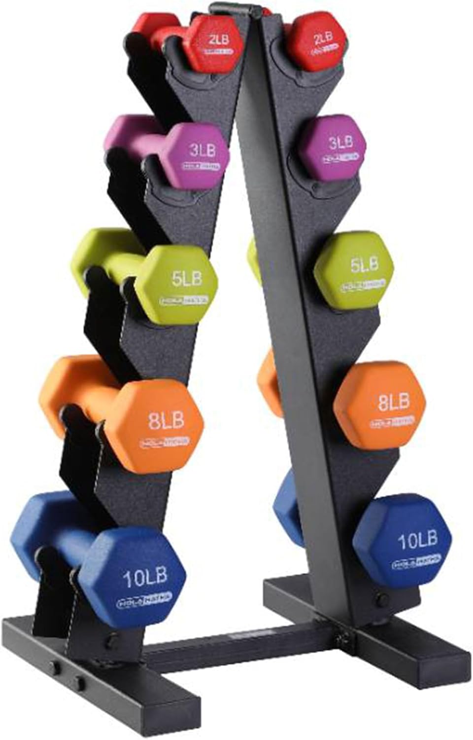 HolaHatha Juego de mancuernas de neopreno de 2, 3, 5, 8 y 10 libras con estante, ideal para ejercicios en casa para ganar tono y definición, color