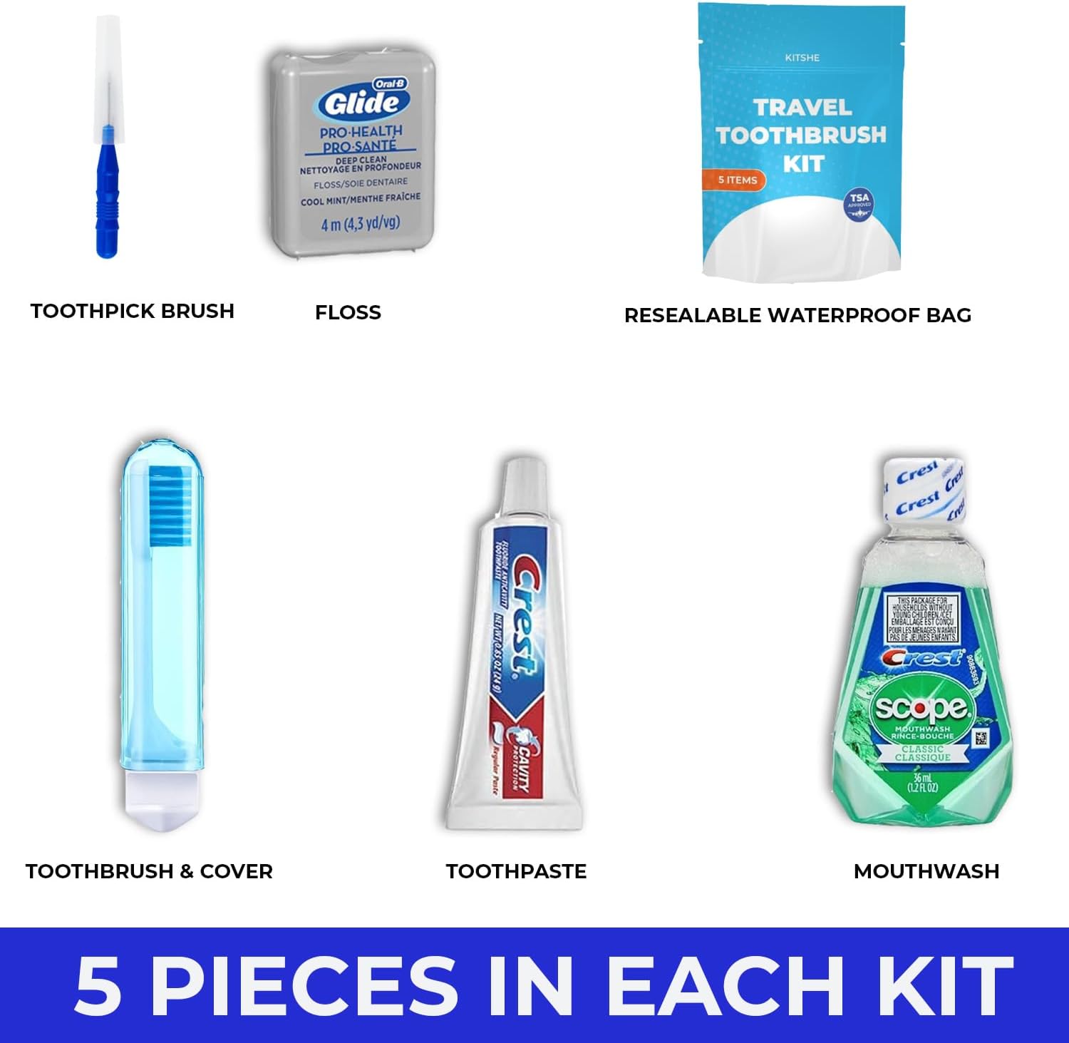 Juego de cepillos de dientes de viaje prémium  Cepillo de dientes de viaje aprobado por la TSA, hilo dental, enjuague bucal, limpiador de dientes y